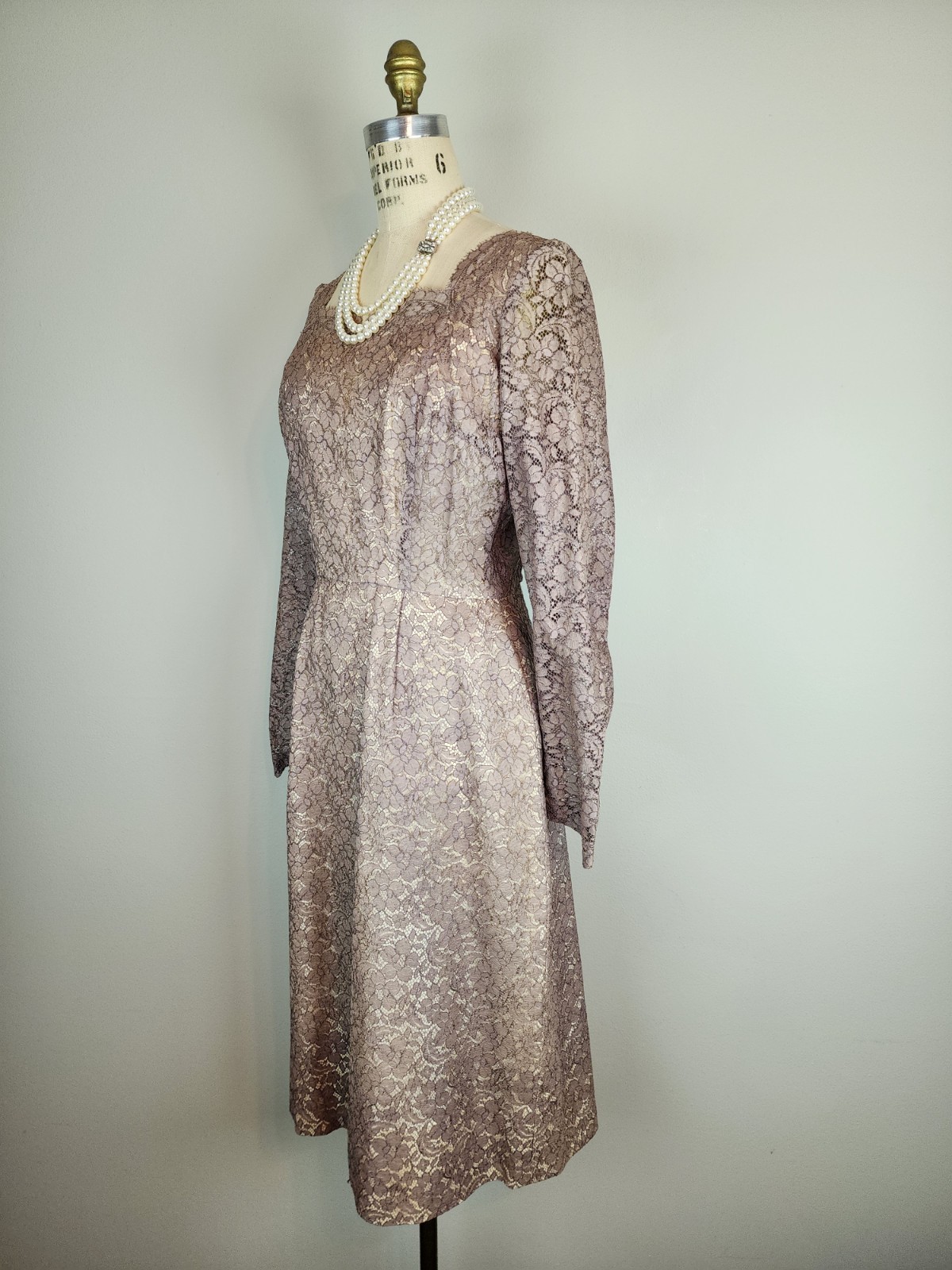 Vintage Late 1940’s Mauve Lace Over Champagne Satin Cocktail Dress with Godet
