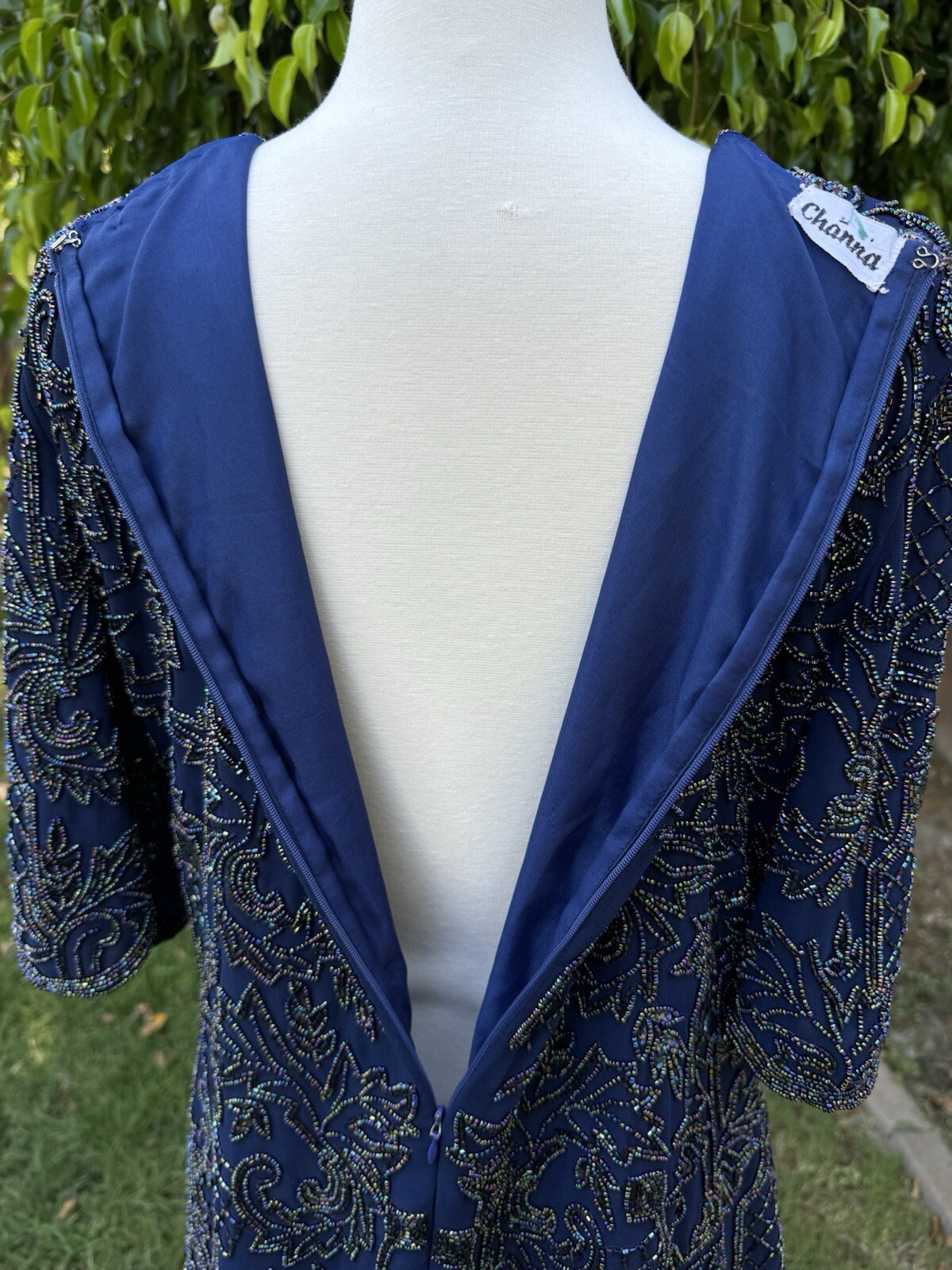 vtg 80/90’s Channa Navy Blue Beaded Mother Of Bride Dress L/XL Chiffon Wedding