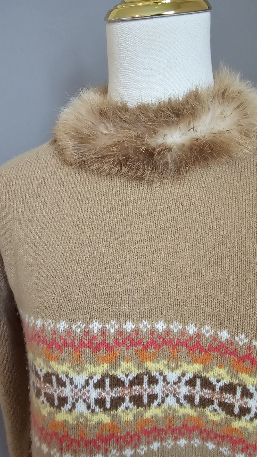Vintage Casual Corner Lambswool Cashmere Sweater Real Fur Collar M Y2K Fair Isle