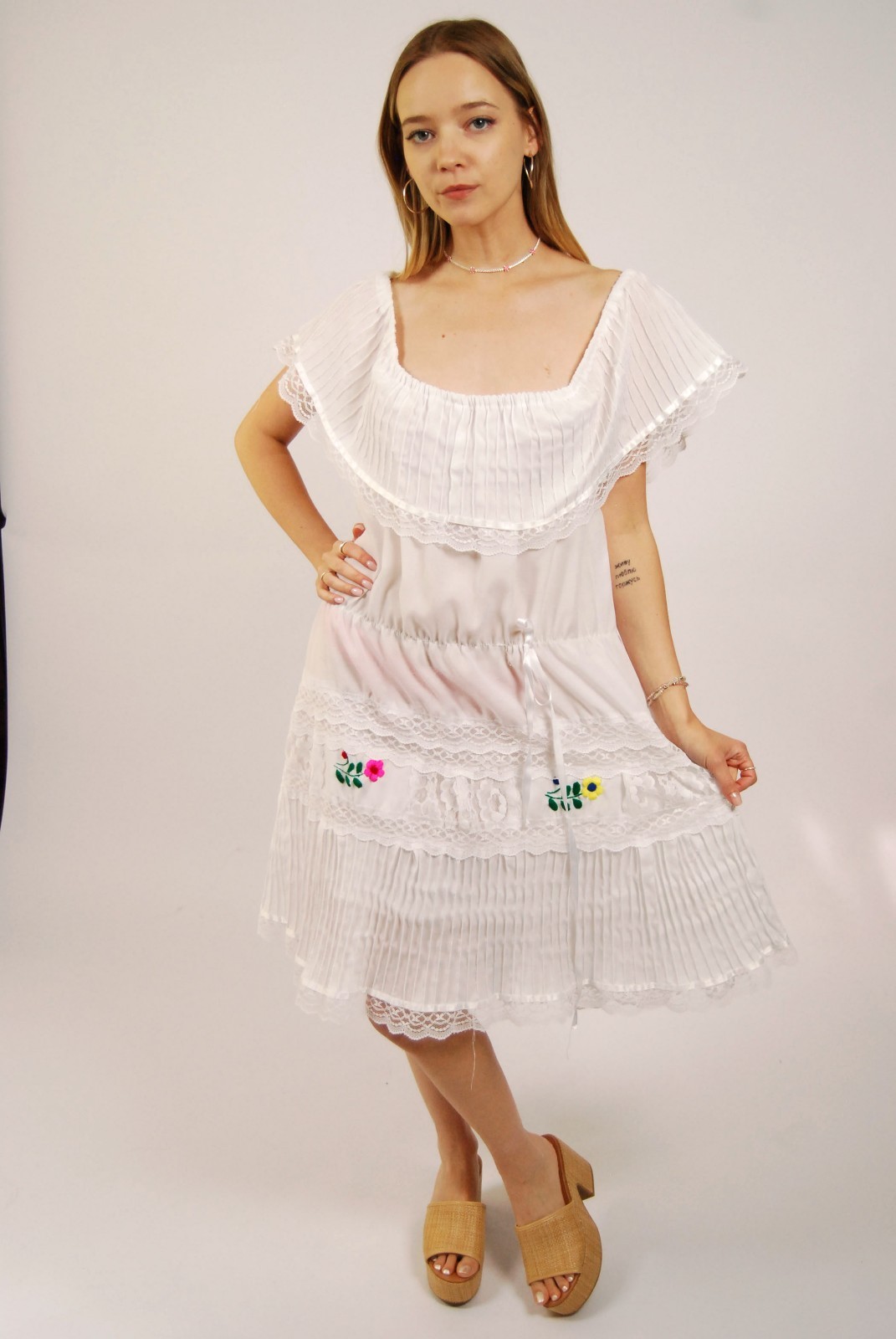 70s Peasant Dress (XL) white vintage midi off the shoulder cottage Mexican boho