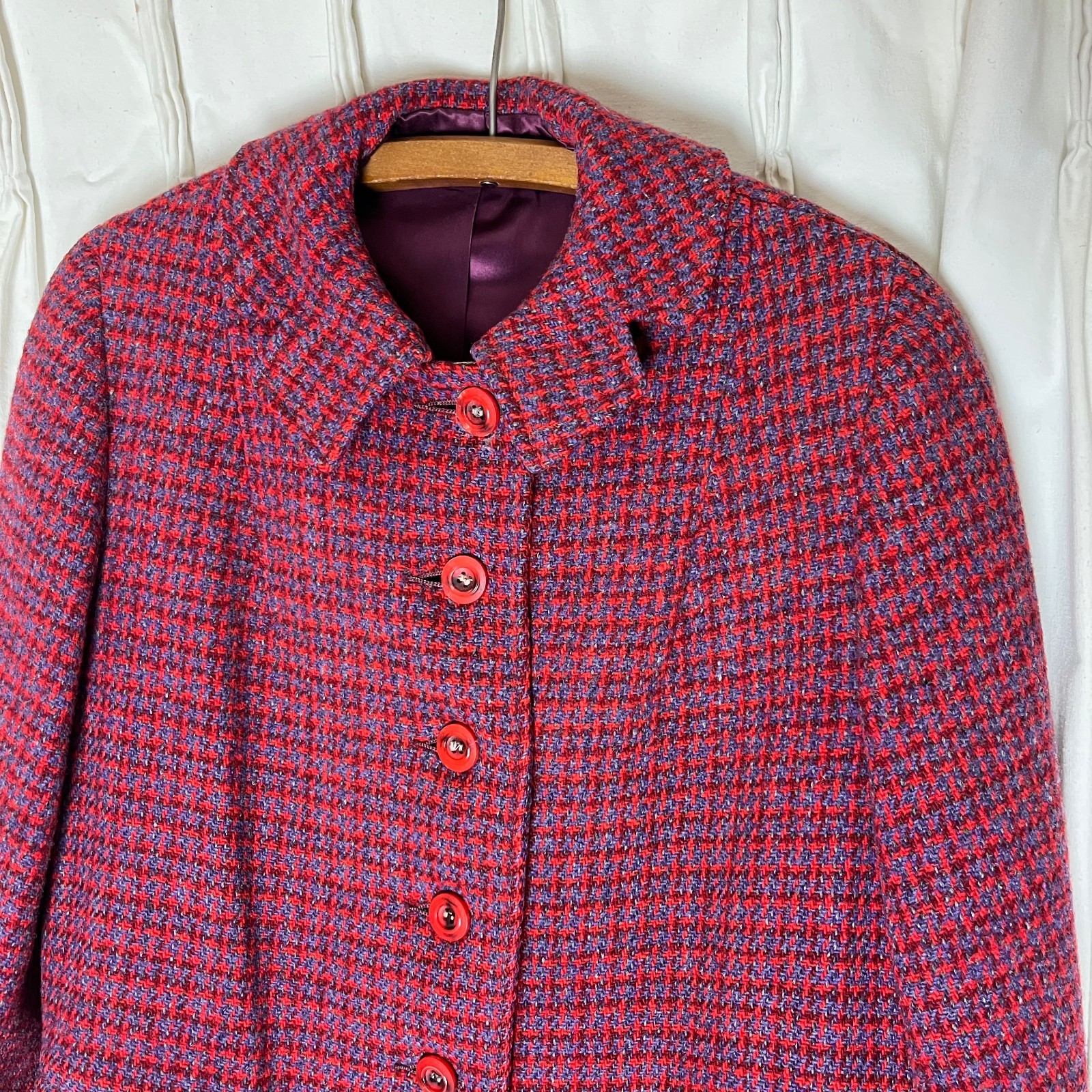 Harris Tweed Coat True Vintage 60s Women S/M Scottish Wool Red Purple Grandma