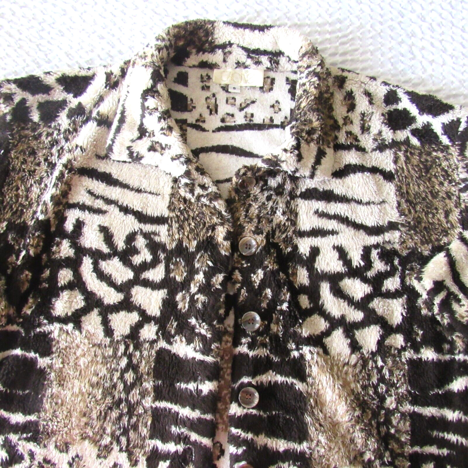 Cache Jacket Animal Print S Lightweight Plush Brown Cream Fuzzy Y2K