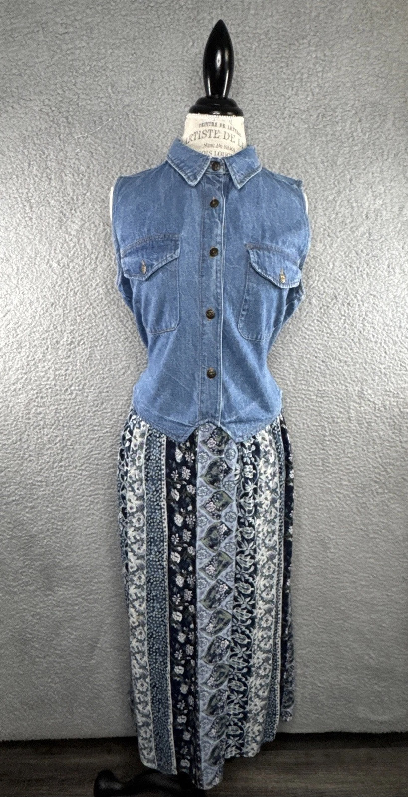 Another Thyme Dress Size 5 Jean Top Blue Floral Button Down Tie Back Vtg 90’S