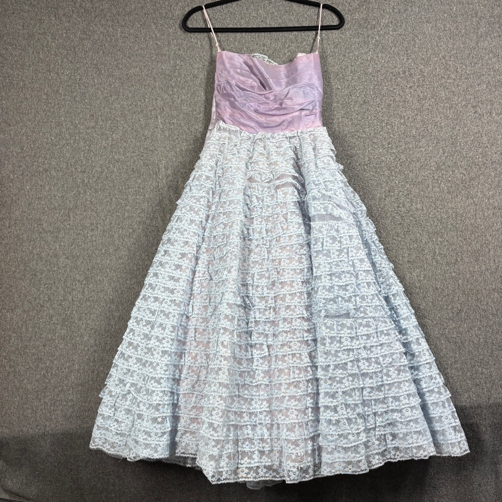 Vintage 50s Ball Gown Lace Ruffle Tiered Prom Dress Lavender Blue Sweetheart XS