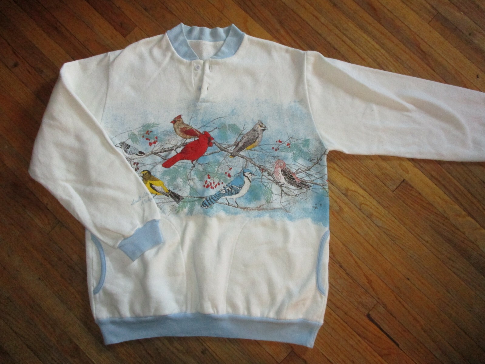 vtg 1980s BIRDS SWEATSHIRT Cardinal Bluejay White Blue Sault Ste Marie Michigan