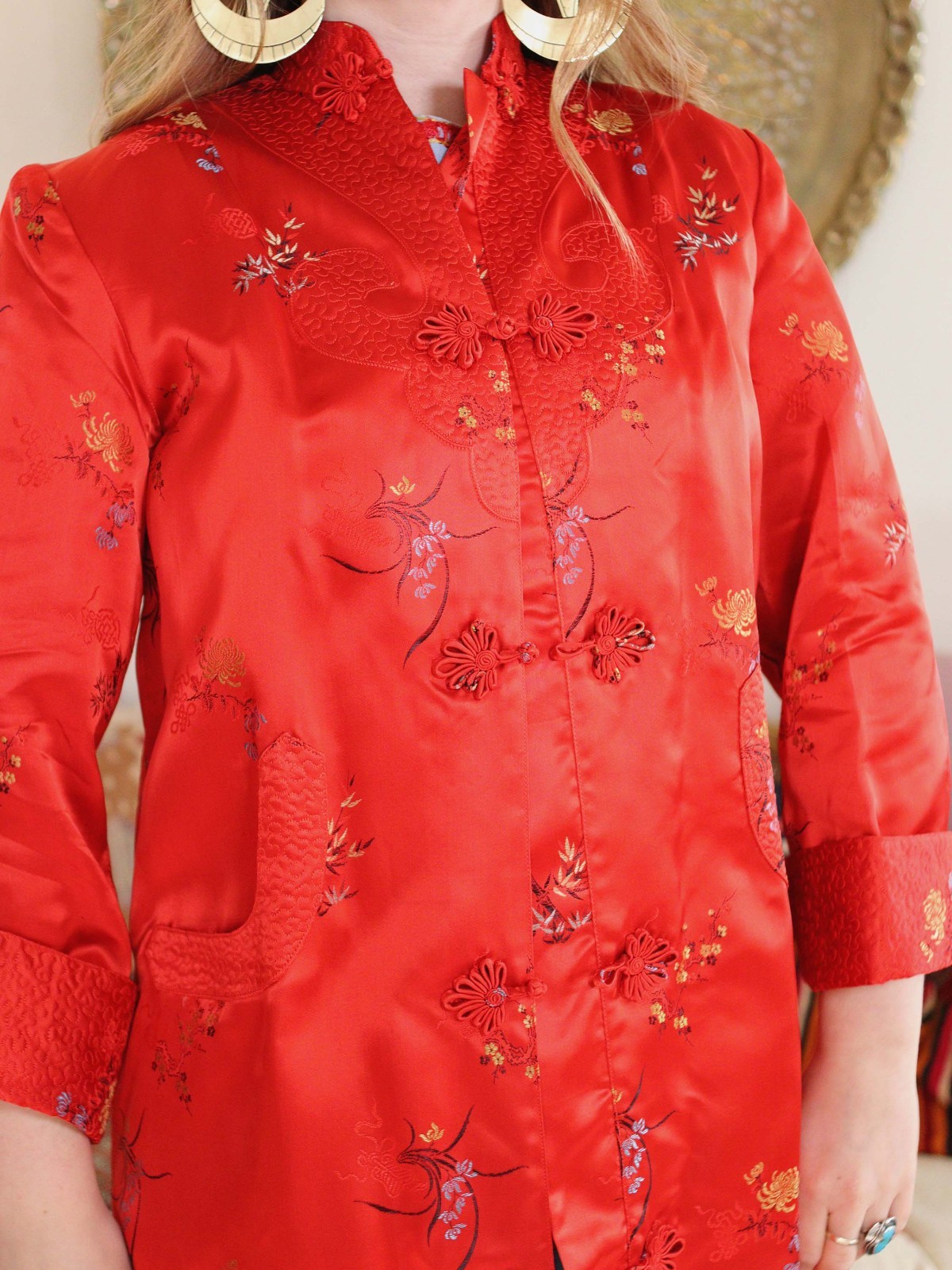 VTG Chinese Red Satin Brocade Dressing Robe Kimono Long Jacket Quilted Pockets