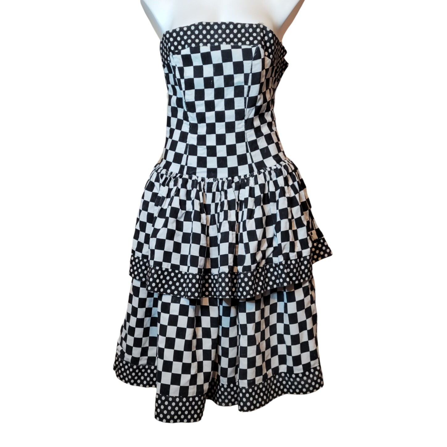 Vintage 80s Strapless Party Dress Black And White Checkered Chel’sea L’td