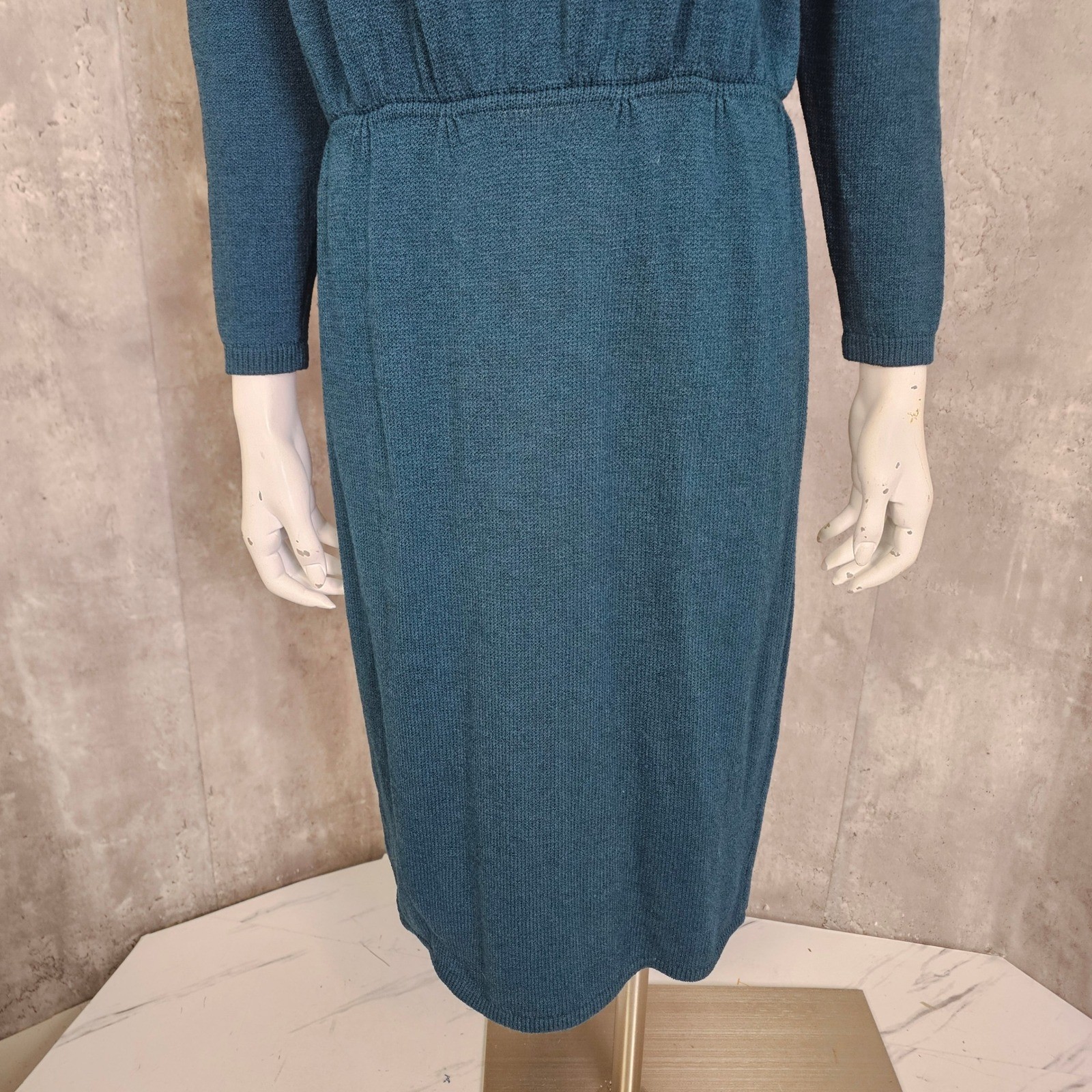 Vintage St John Marie Gray Knit Dress Teal Green Mock Neck 80s 90s FLAWED AS IS