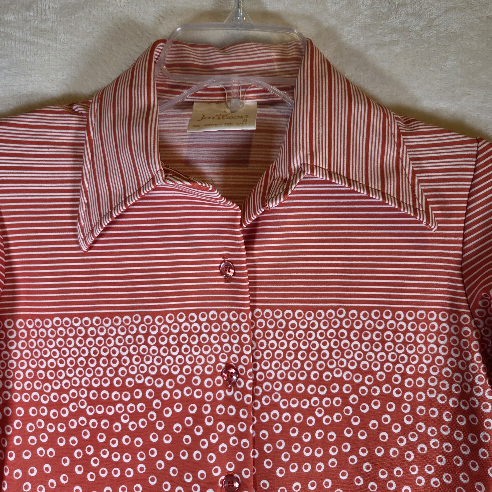 VTG 70s Jantzen Geometric Dots & Stripes Shirt Womens 8 Orange Polyester Disco