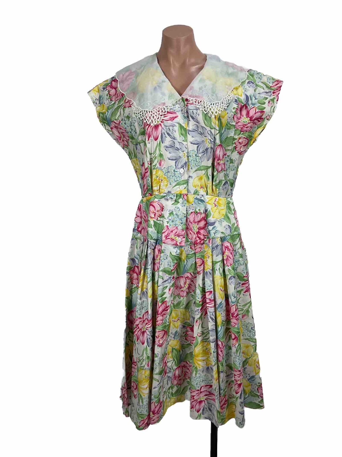 Vtg 90s Plaza South Colorful Floral Party Dress Hot Pink Glam 9/10 100% Cotton