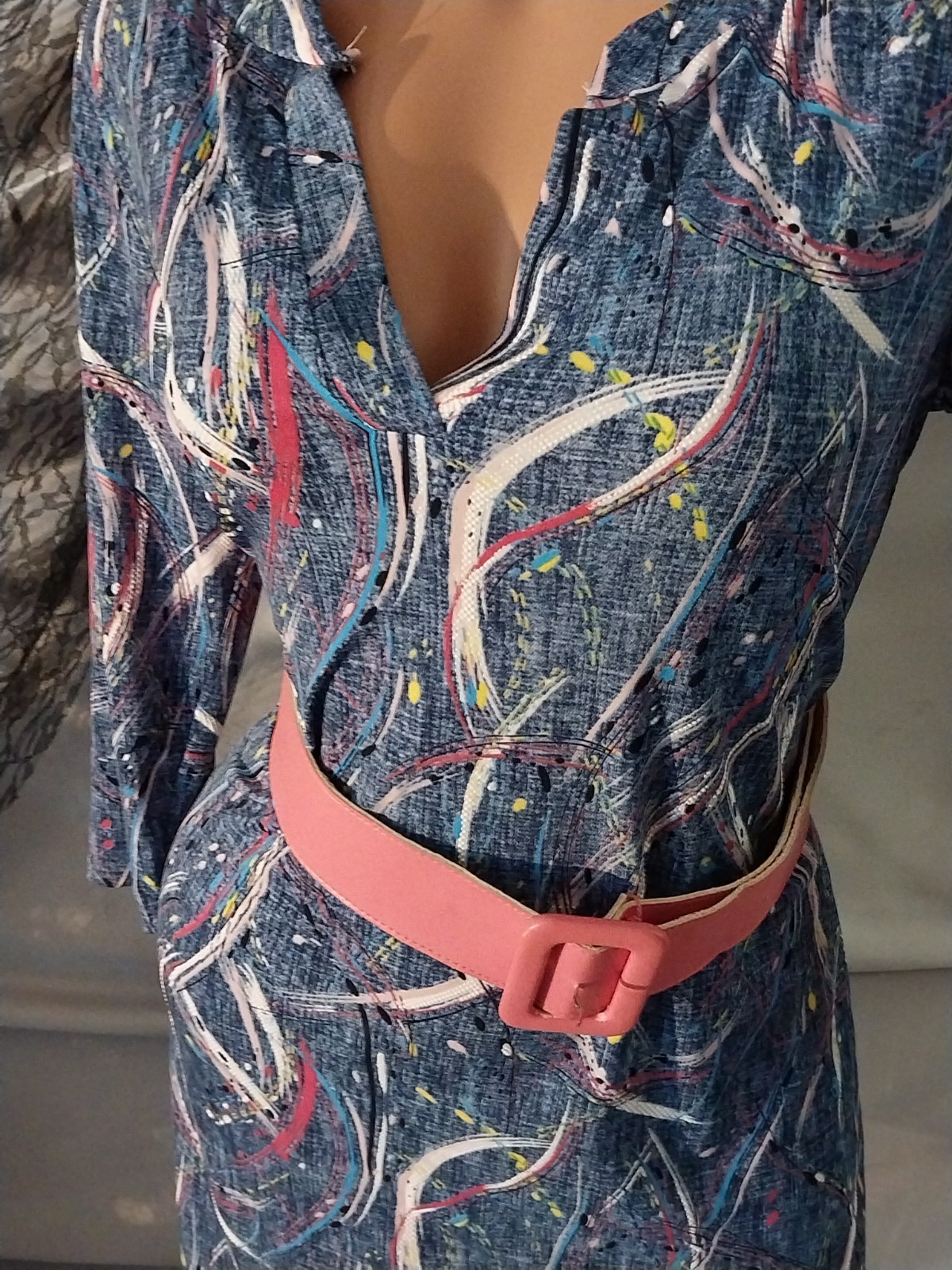 VTG SILKY SPANDEX GEO TEXTURED 80S ABSTRACT PAINT SPLATTER MIDI DRESS JOSTAR SML