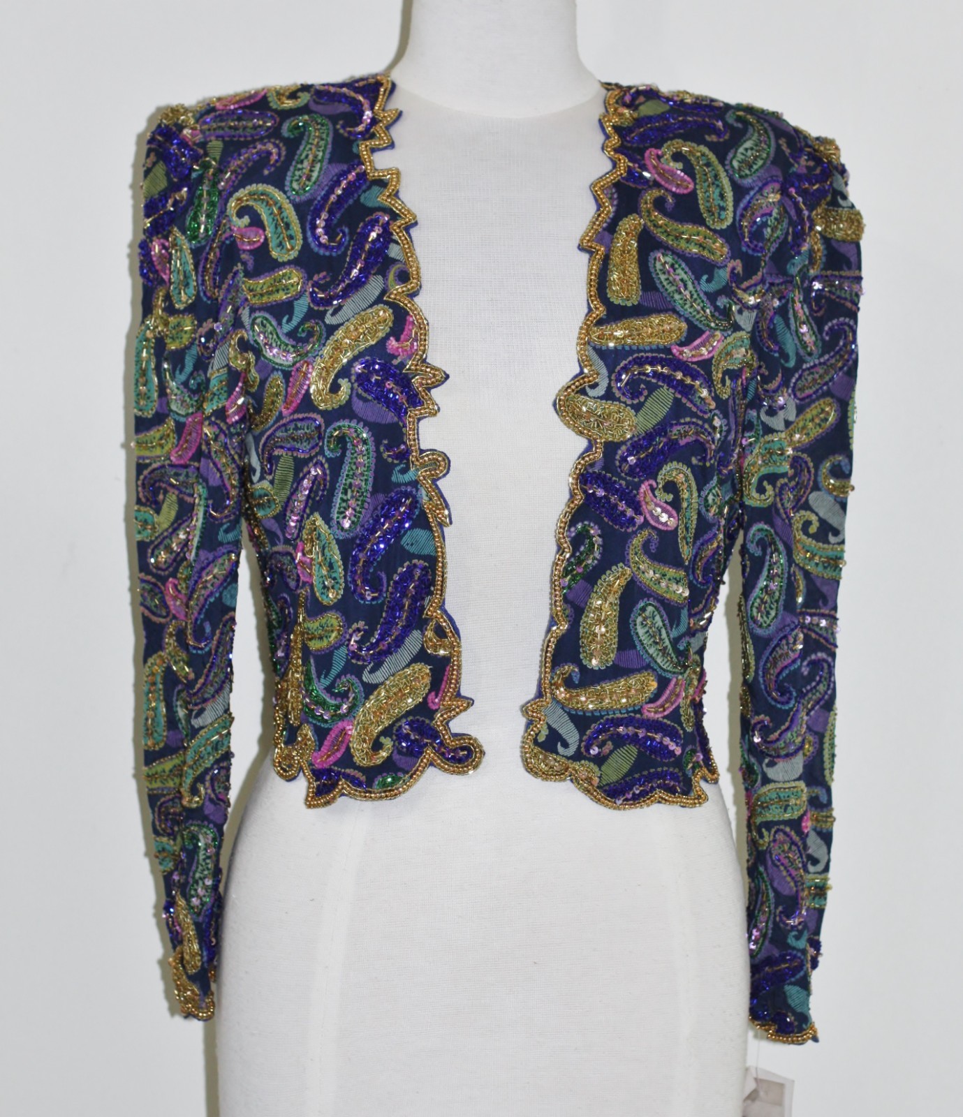 Jasdee Vintage Bolero Jacket Hand Work Bead & Sequins & Hand Print On Silk #2093