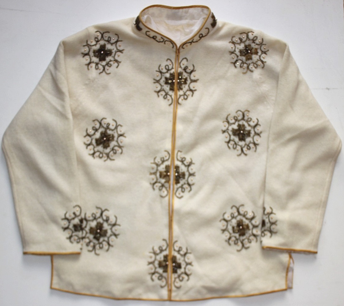 Vtg 60s Beaded Sweater Cardigan Mandarin Collar sz 4 Ivory Gold Bronze has flaws