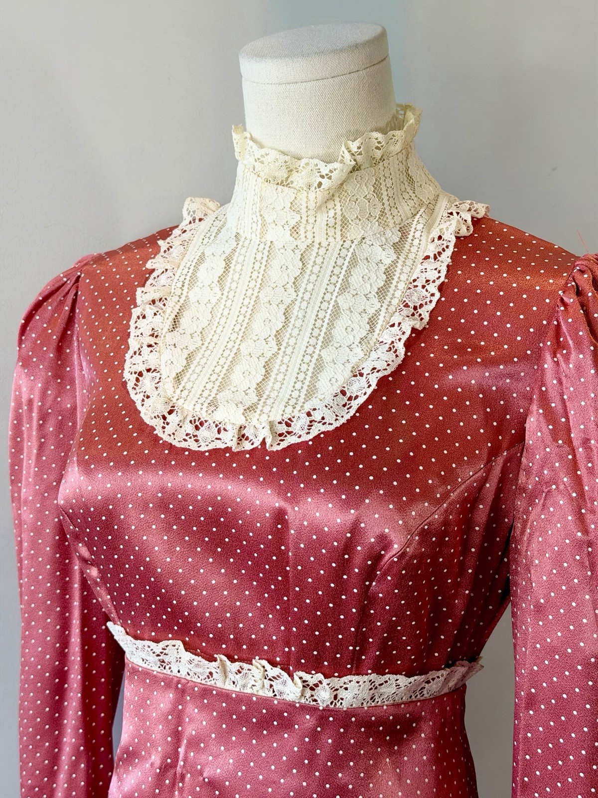 Vintage 1970s Prairie Dress Pink Dot Cottagecore 70s Elegant Edwardian Medium