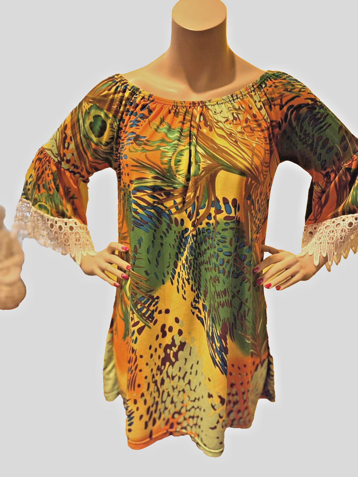 VINTAGE 60’s Micro Mini Dress PEACOCK PATTERN Lace Sleeve 36 inch bust