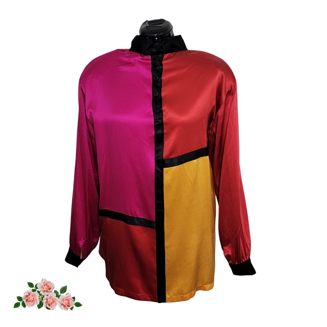 Carlisle Multi-Colored Silk Mondrain Block Blouse Vtg Y2K Shoulder Pads Women 12
