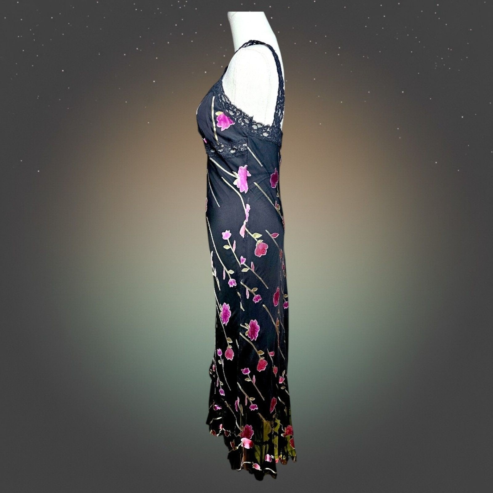Betsey Johnson Vintage 90s Silk Blend Floral Lace Slip Dress Black Pink M