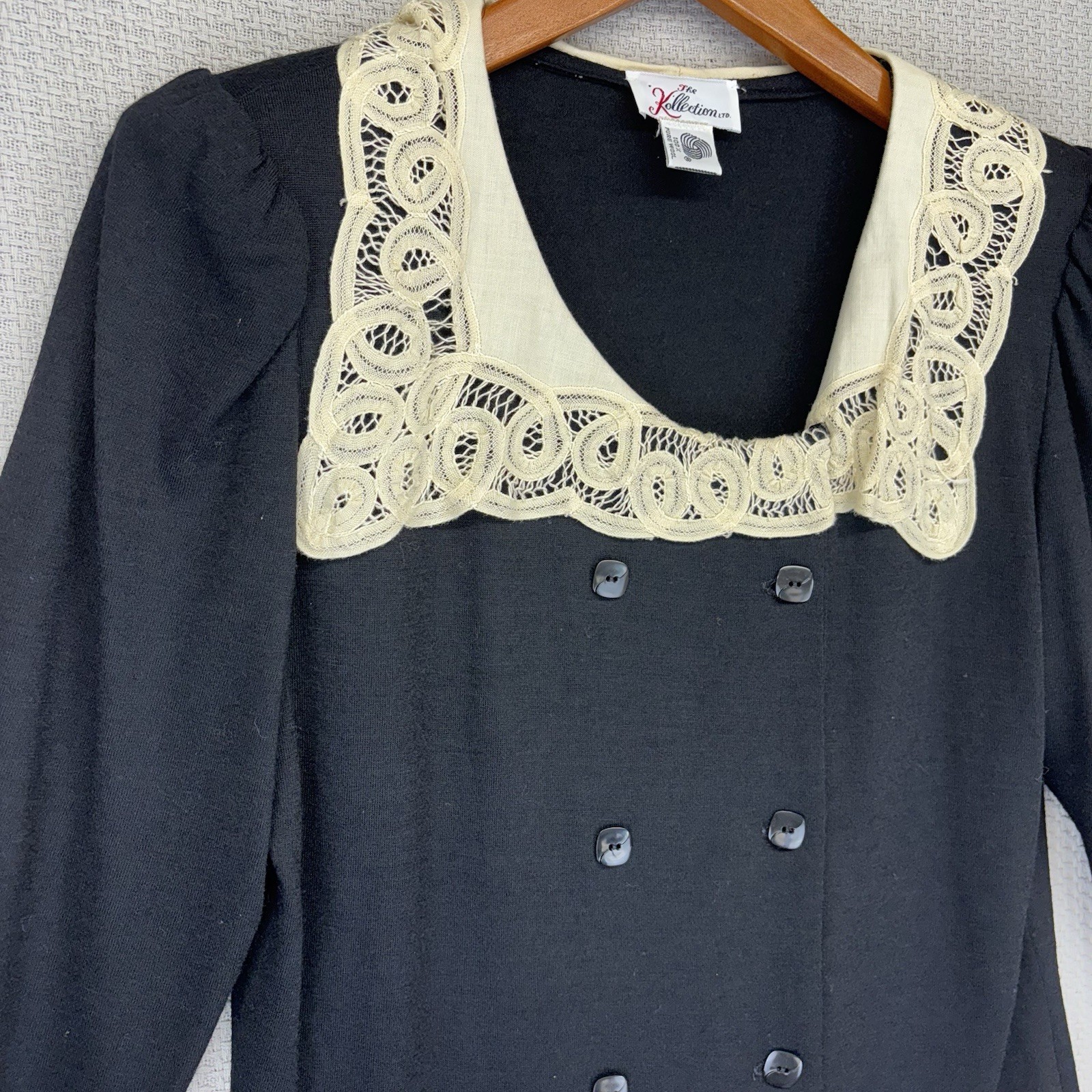 60’s The Kollection By Saks Fifth Avenue 100% Black Wool Pleated Dress Med Lace