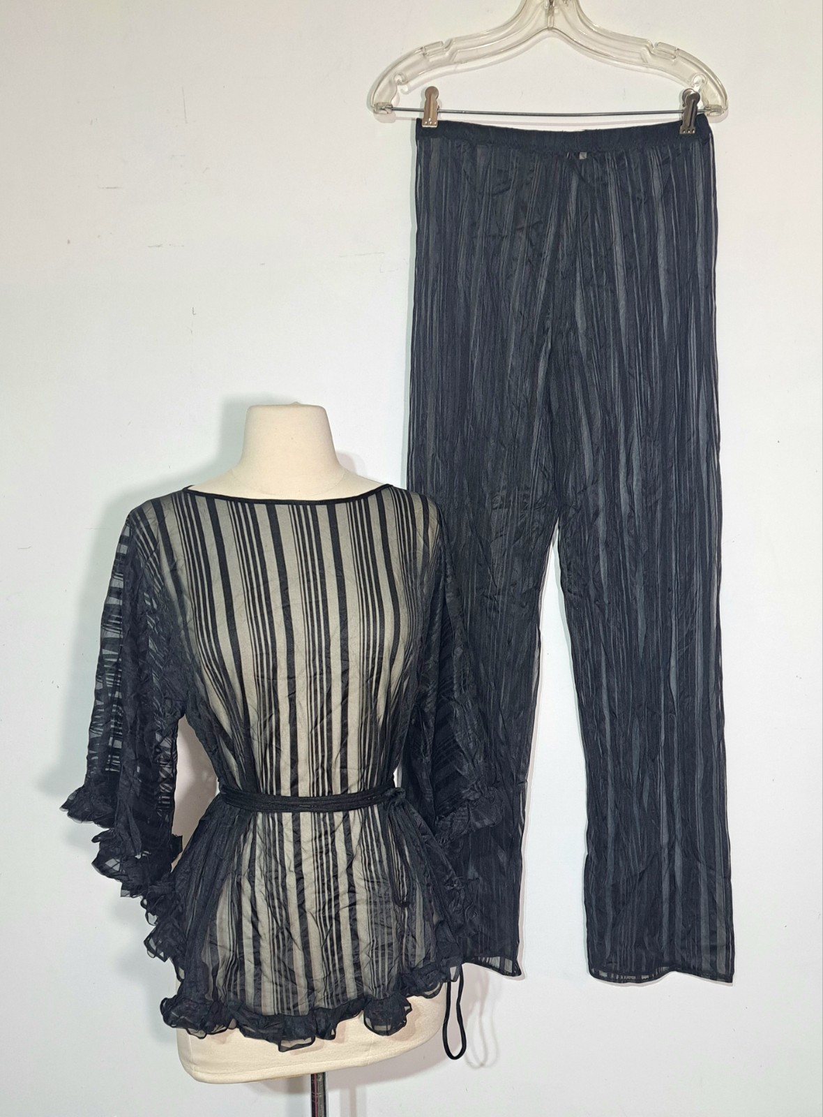Vintage 1970s Black Sheer Stripe Pajama Set Sz S Shirley of Hollywood Ruffle