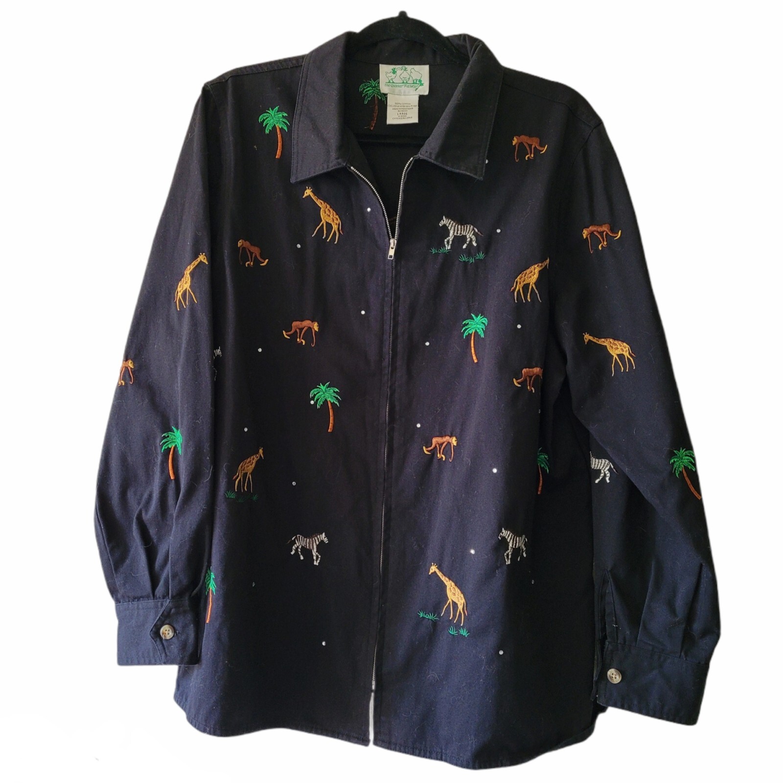 Vintage Black Cotton Zip Up Jacket Novelty Embroidery Zoo Animals Women’s Large