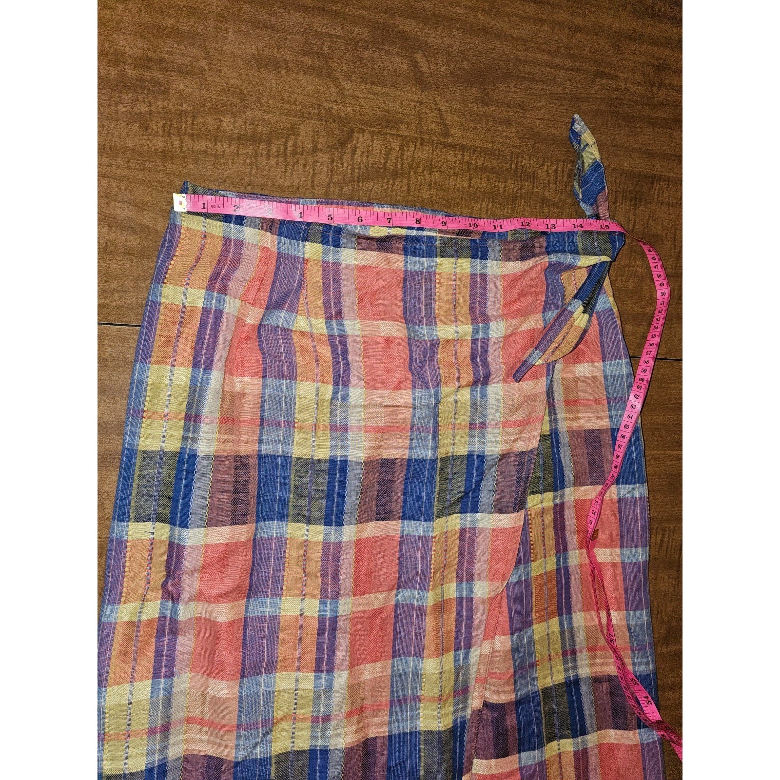 Vintage 80s 90s Neiman Marcus Wrap A-Line Midi Skirt Plaid 8 S M Madras Linen D5