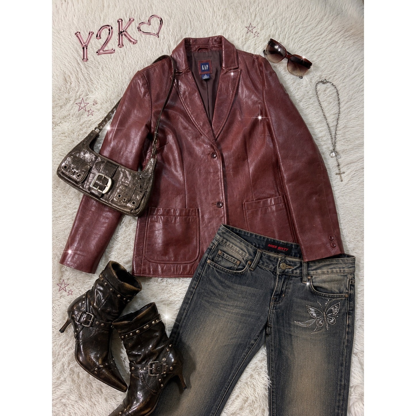 Vintage GAP Genuine Leather Blazer Jacket Red Burgundy Oxblood Y2K size M