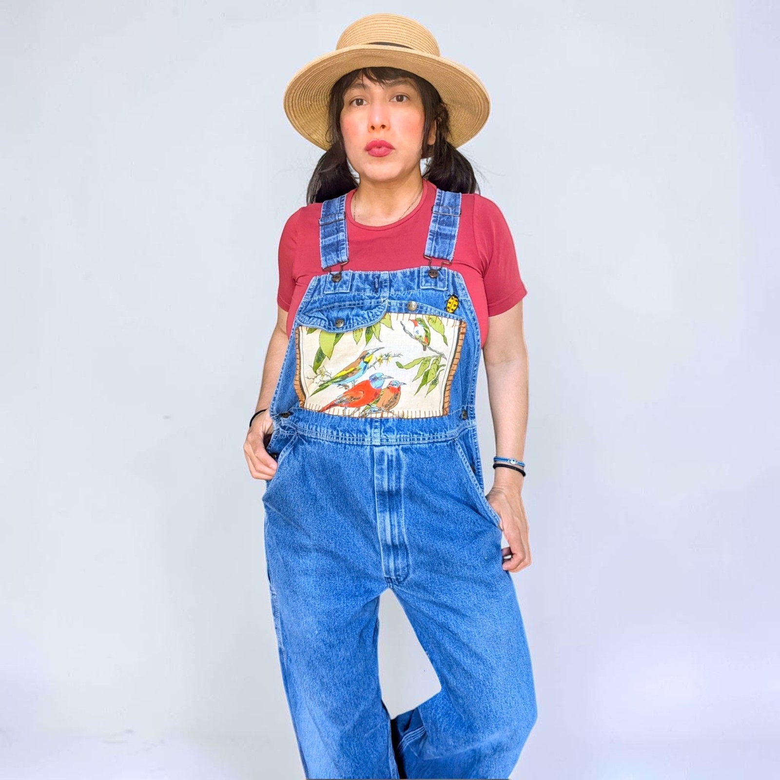 VTG 90s Key reworked birds botanical patchwork fairy cottage grunge overalls M/L