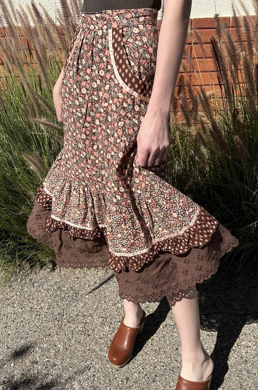 Vintage 70’s Jessica’s Gunnies Gunne Sax Skirt Brown Tiered Cotton Calico / XS~S