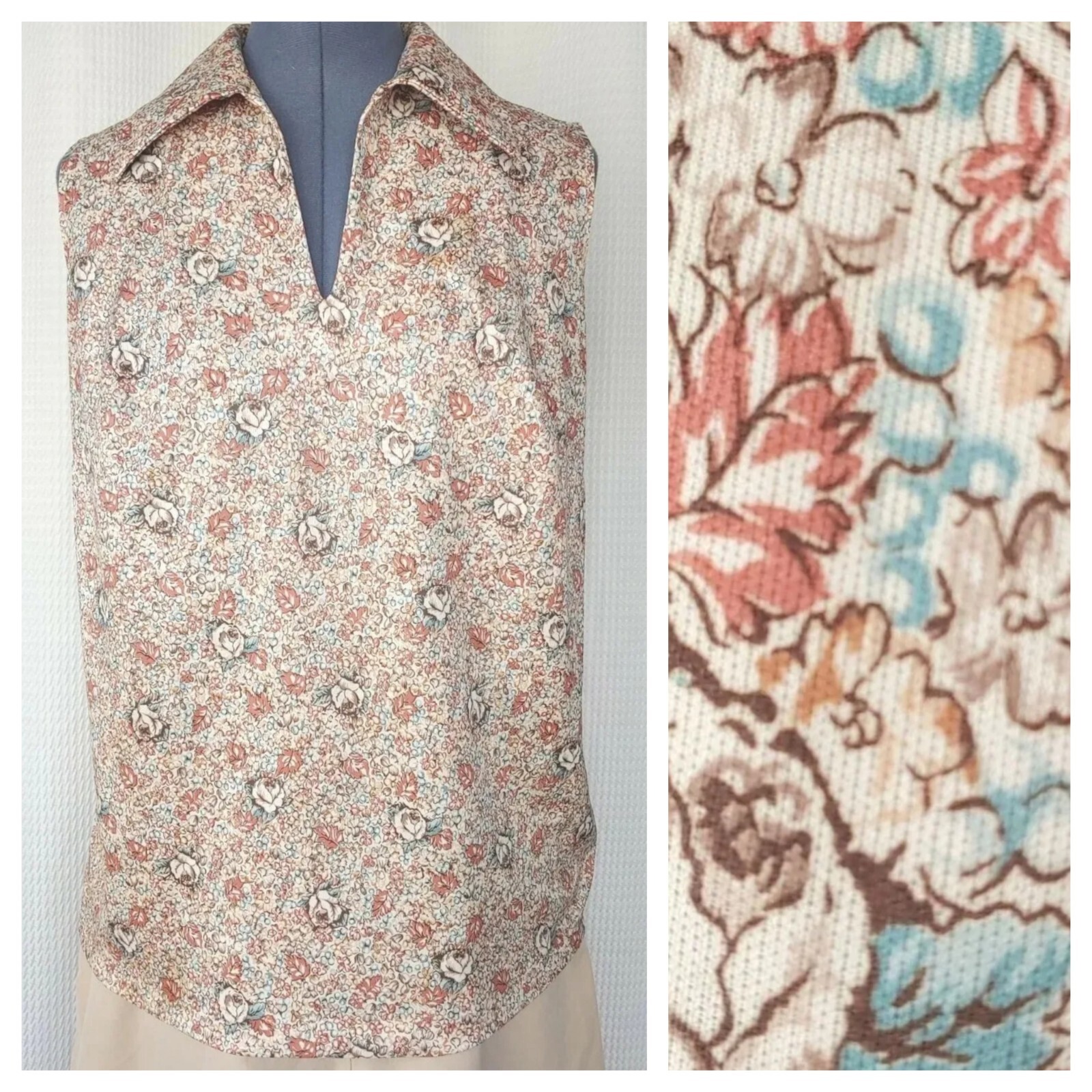 Vintage Brown/Rust/Blue Floral Sleeveless Top with Collar 40″ Bust Sz LG?