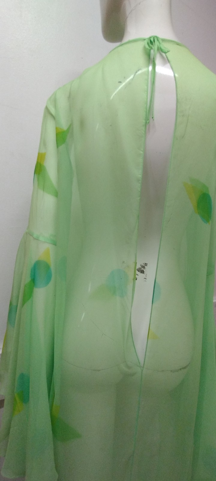 Vintage Psychedelic Jade Green Silk Chiffon Wide Bell Sleeves Maxi Gown Sheer L
