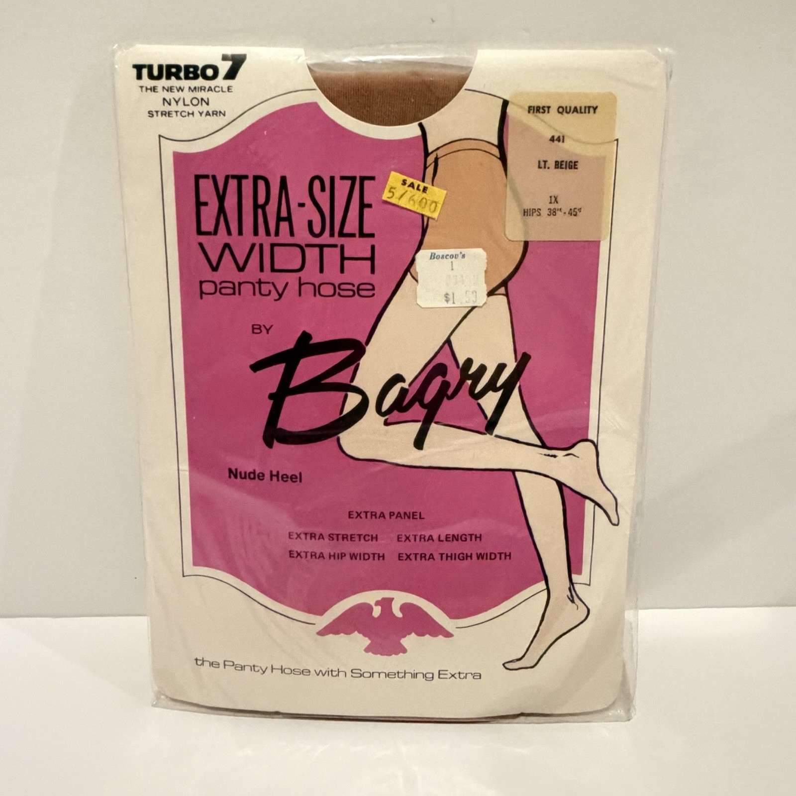 1970’s Marathon Trubo 7 Panty Hose Nylons 1X 38-45″ Hip Beige Extra-Size Width