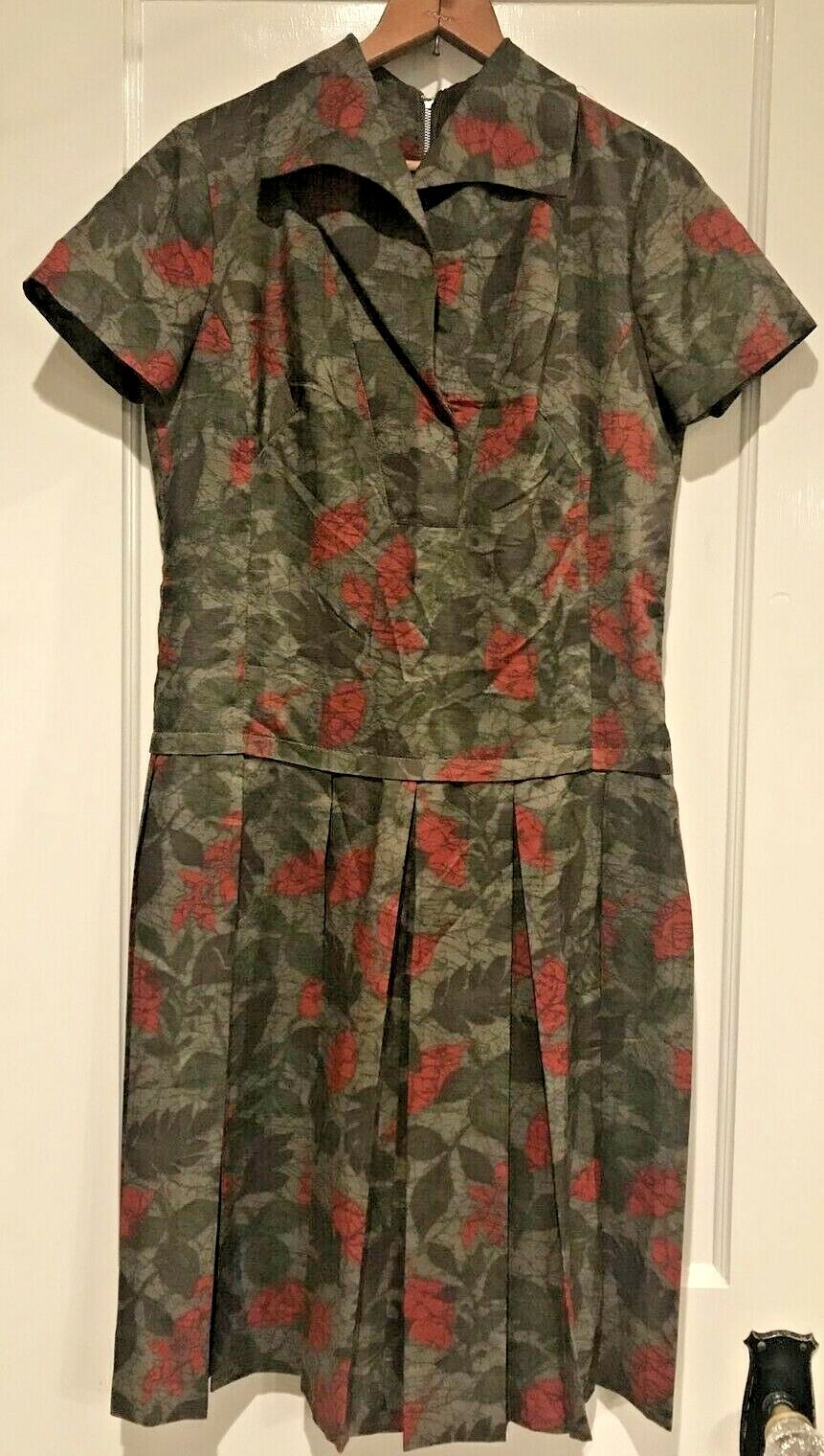 Vintage 1950s/50s Kay Windsor Red Green Cotton Drop Waist Pleated Dress MINT 12