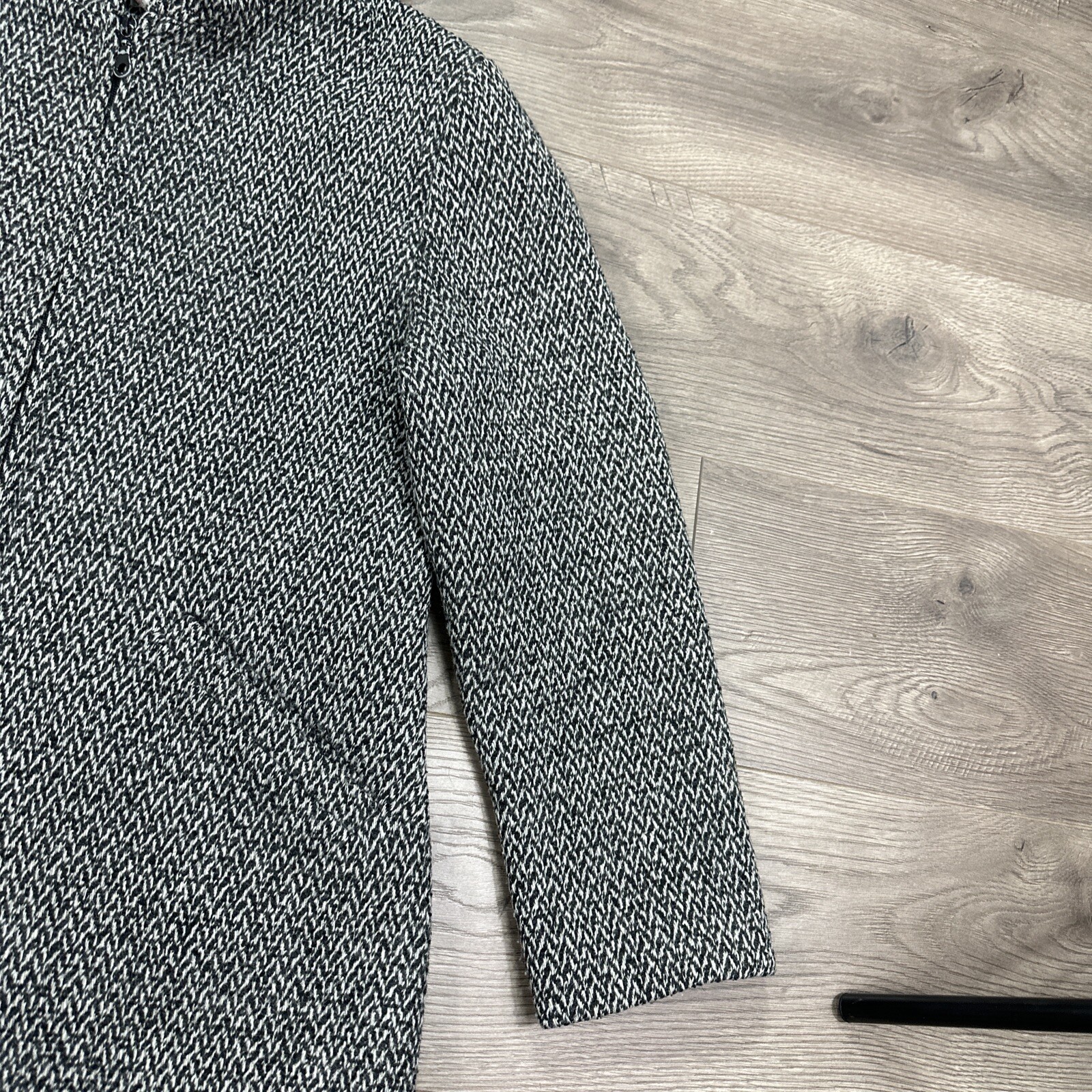 Vintage Paul Levy Wool Hooded Jacket Coat Full Zip Grey Black Herringbone Small