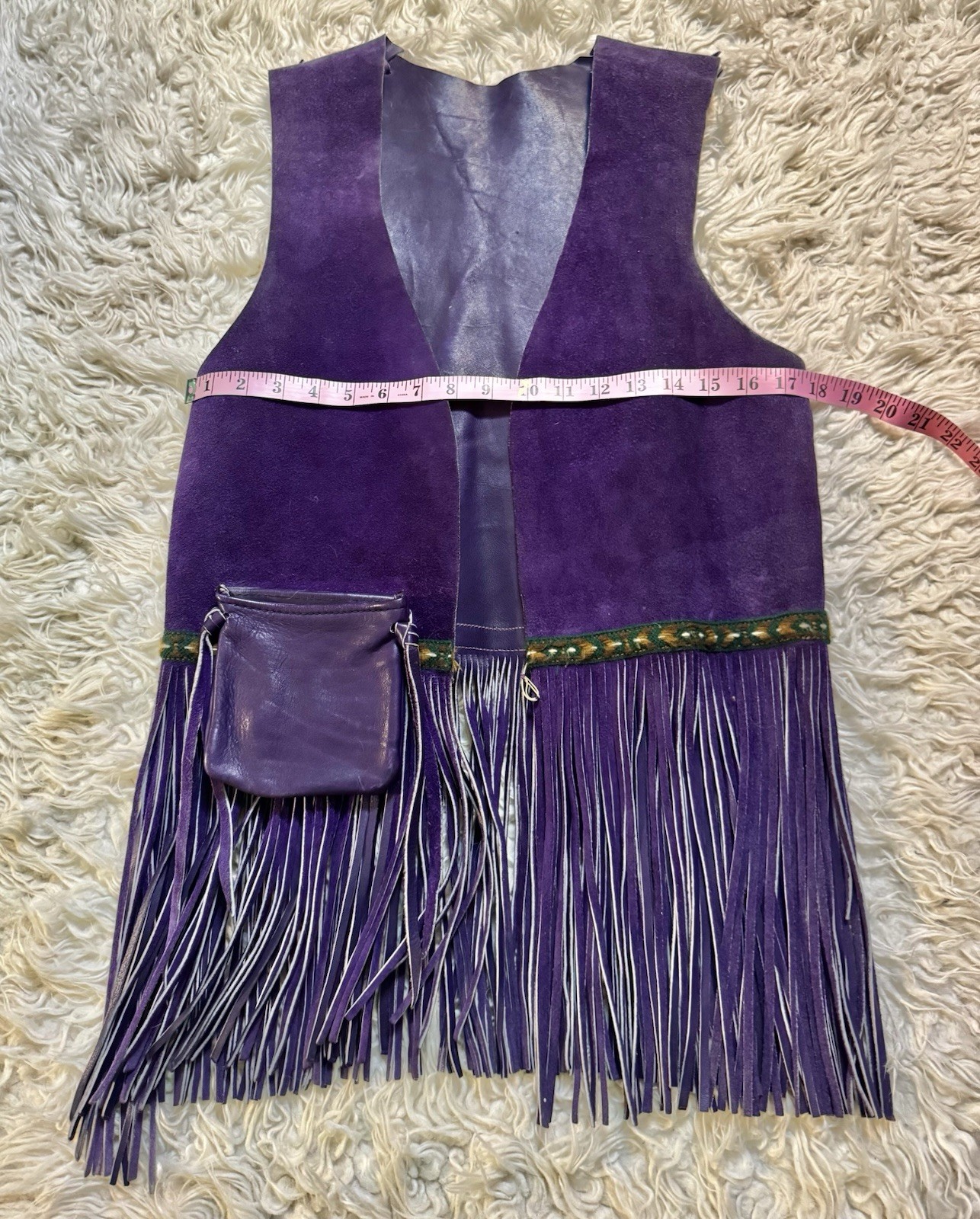 Vtg 70s Purple Leather Suede Vest Fringe Pocket Boho Rock Star Jacket Unisex