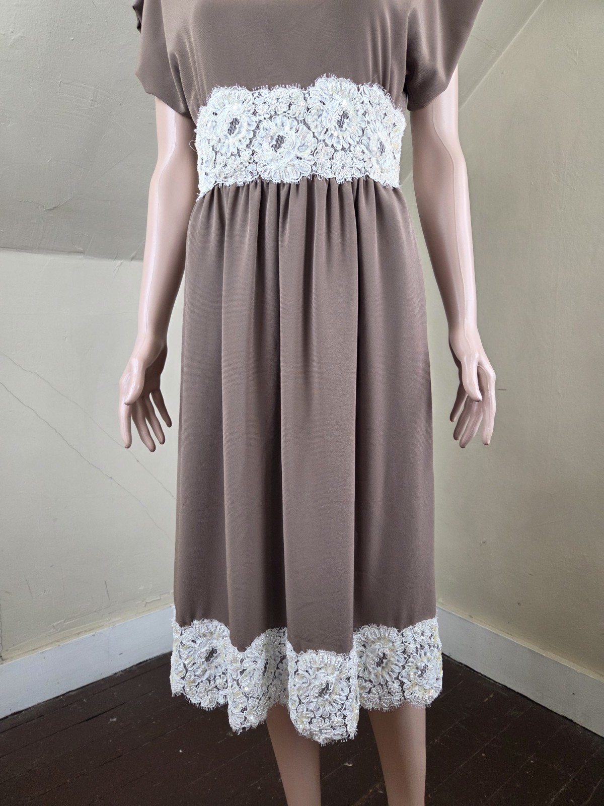 VTG William Pearson Brown Midi Dress Beaded Lace Trim Made USA Size 6 70s 80s