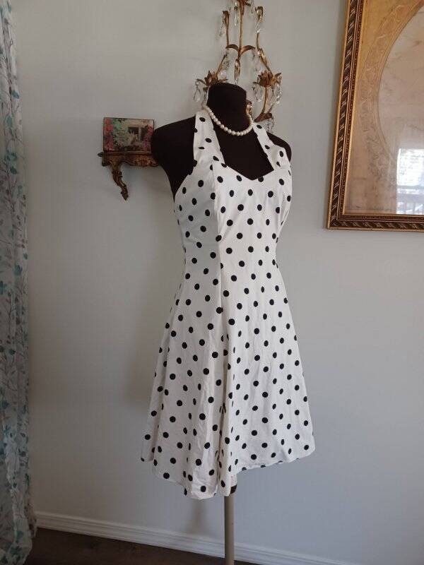 Vintage 50s Sundress 80’s Dress Does 1950’s Polka Dots Sweetheart Cut Sz S