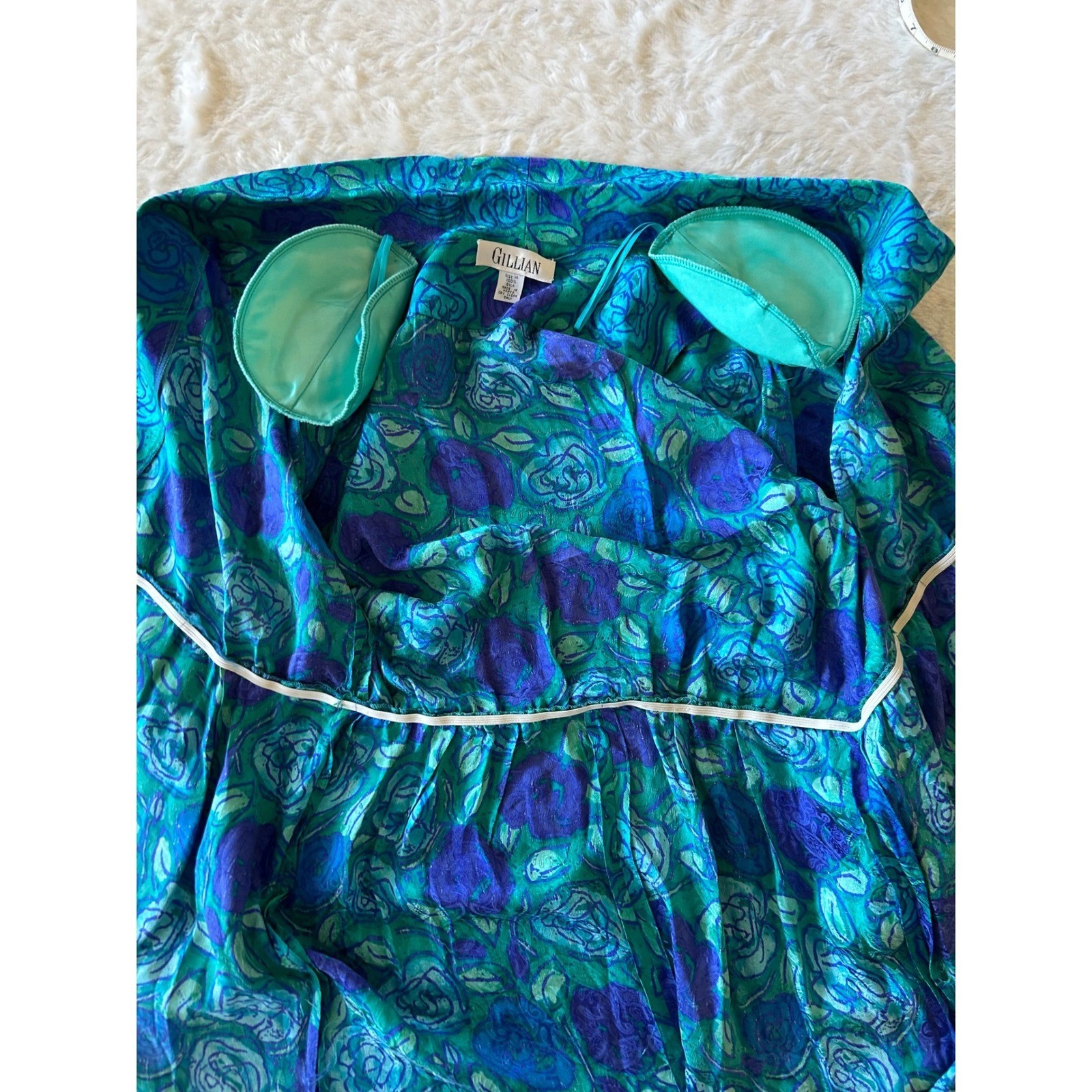 Vintage Silk Floral Wrap Dress Sz 14 Teal Blue Purple 80s Belted