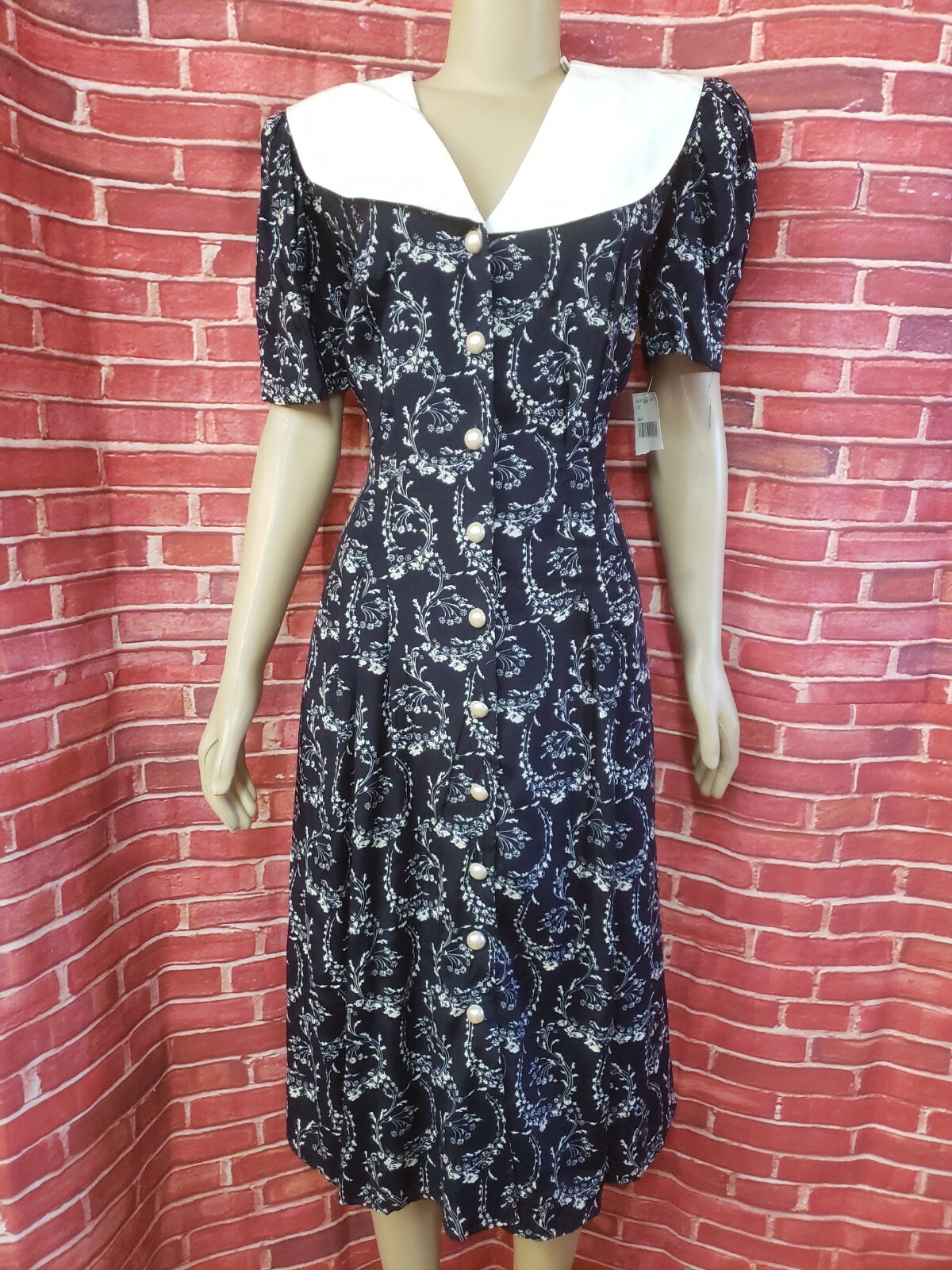Vtg 90s Caroline Wells Dress Navy White Size 14 Cottagecore 100% Rayon NEW #W2