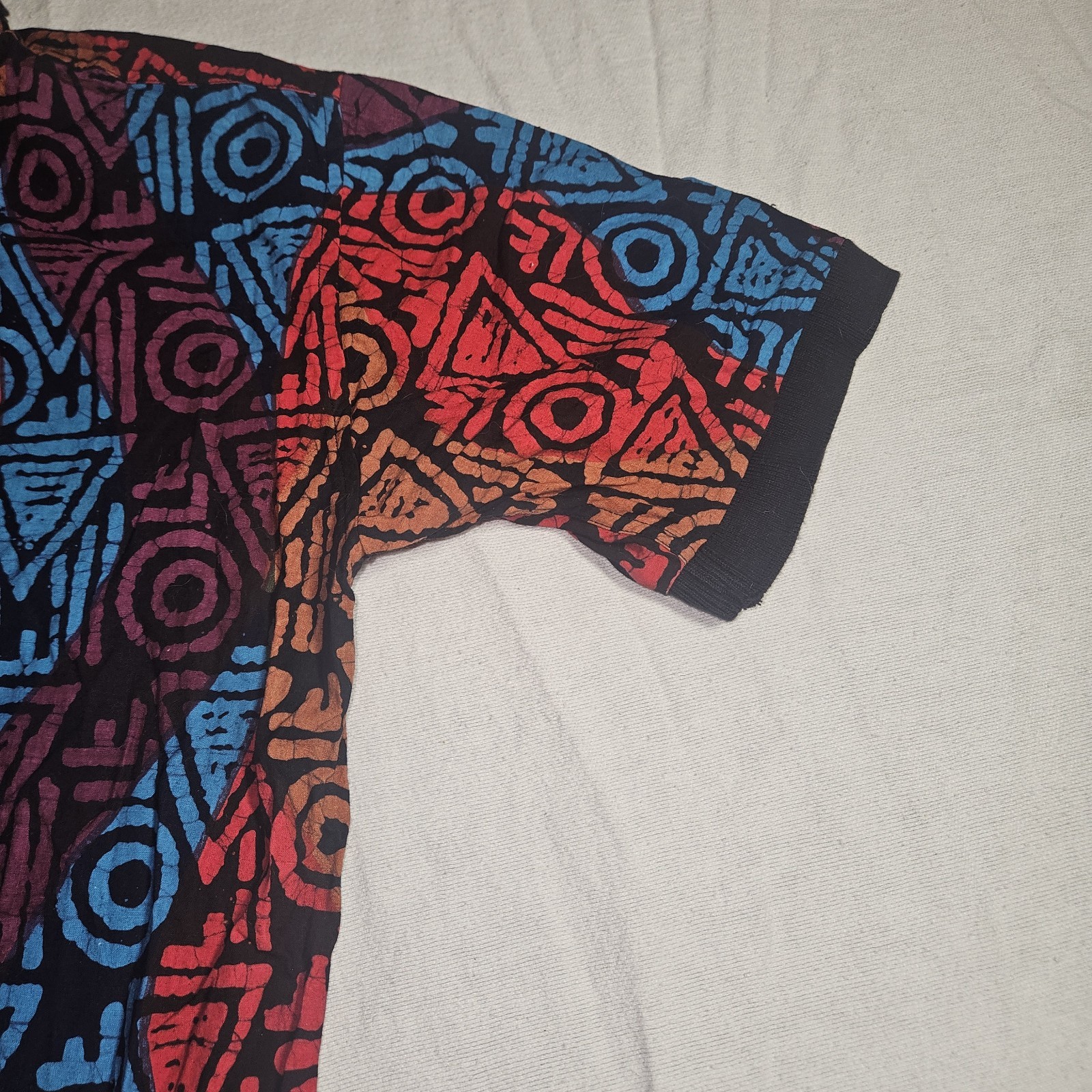 Vintage 80s 90s Geometric Blouse Polo New Wave Punk Medium Red Orange Blue Black