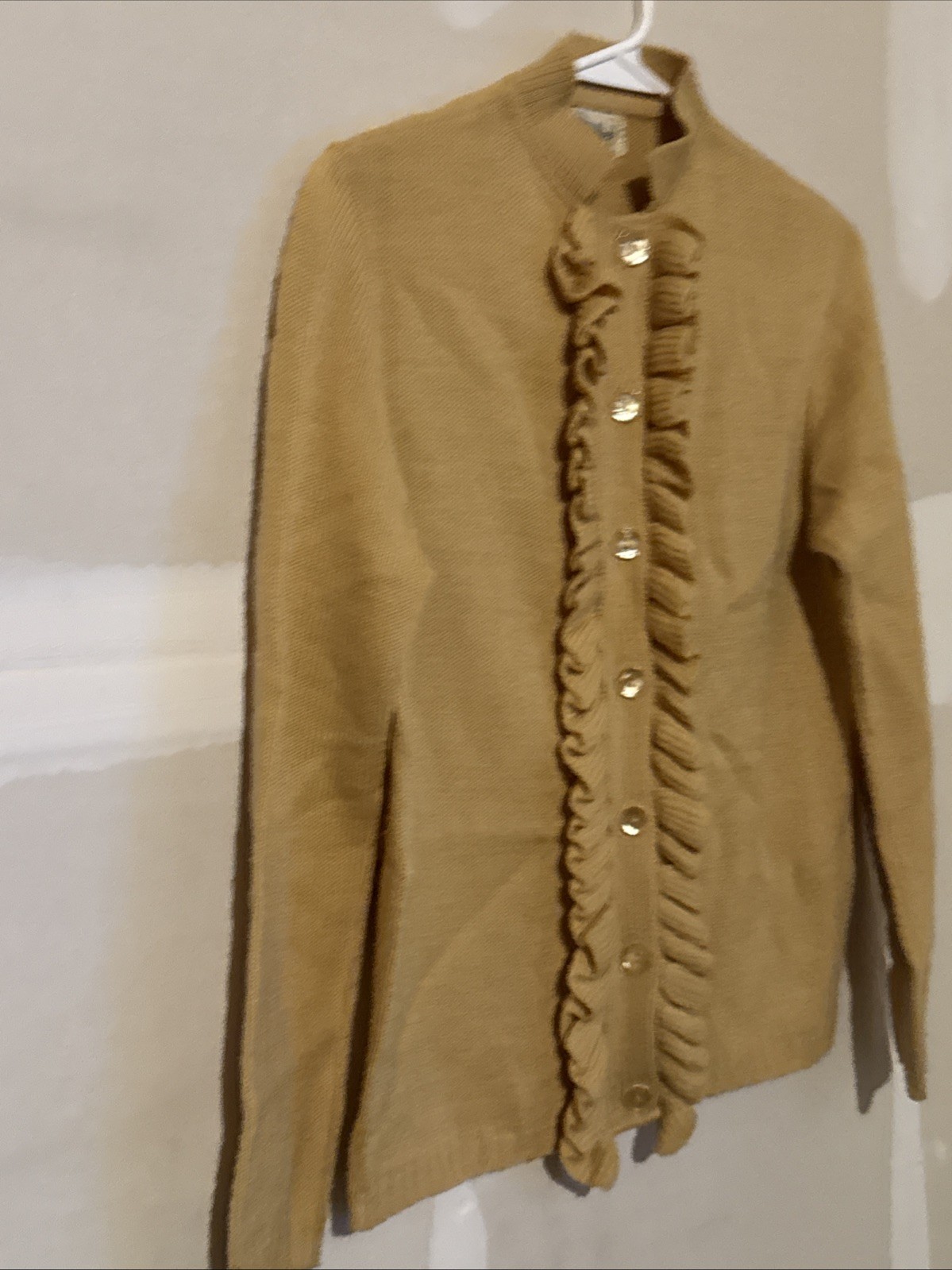 Vintage 1970’d Kingsley Ruffled Cardigan Sweater Camel Colored
