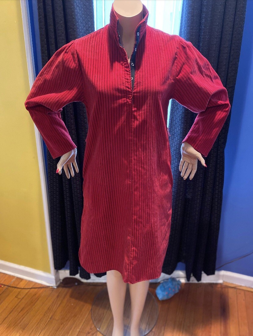 VINTAGE 1980’s Red&Black Stripe Corduroy SHIRTDRESS Snap Front Size 3