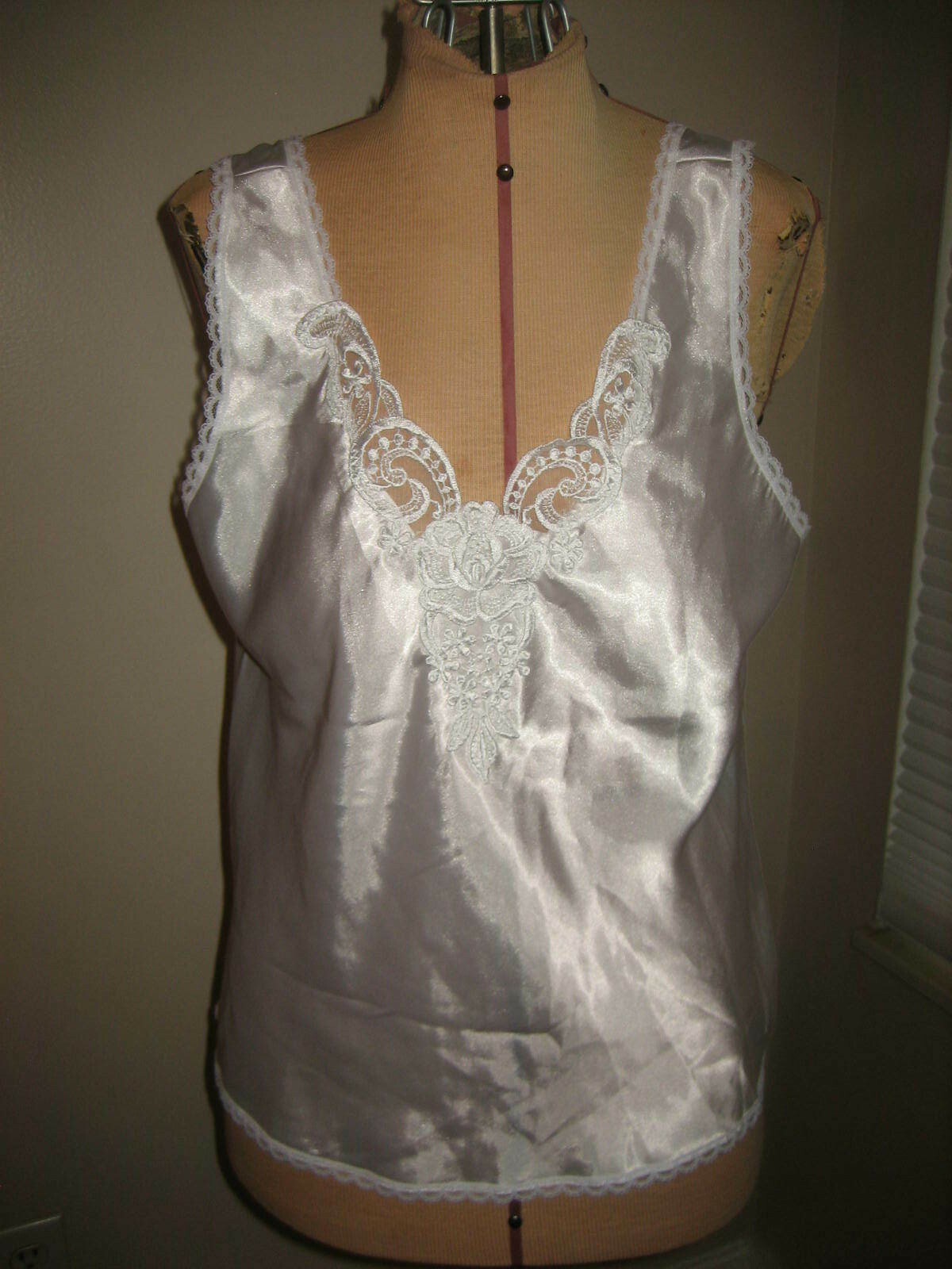 SANMARK STARDUST White Polyester Satin Camisole, Lace Trim – 32008 – Size M