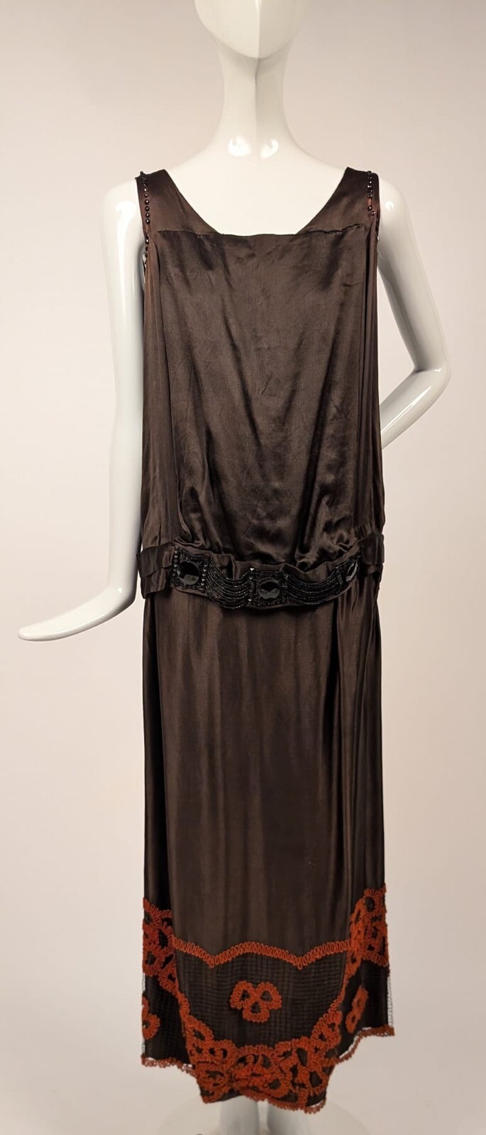 EDWARDIAN TEENS BROWN SILK DRESS W BEADING + RED EMB NET BOTTOM SKIRT