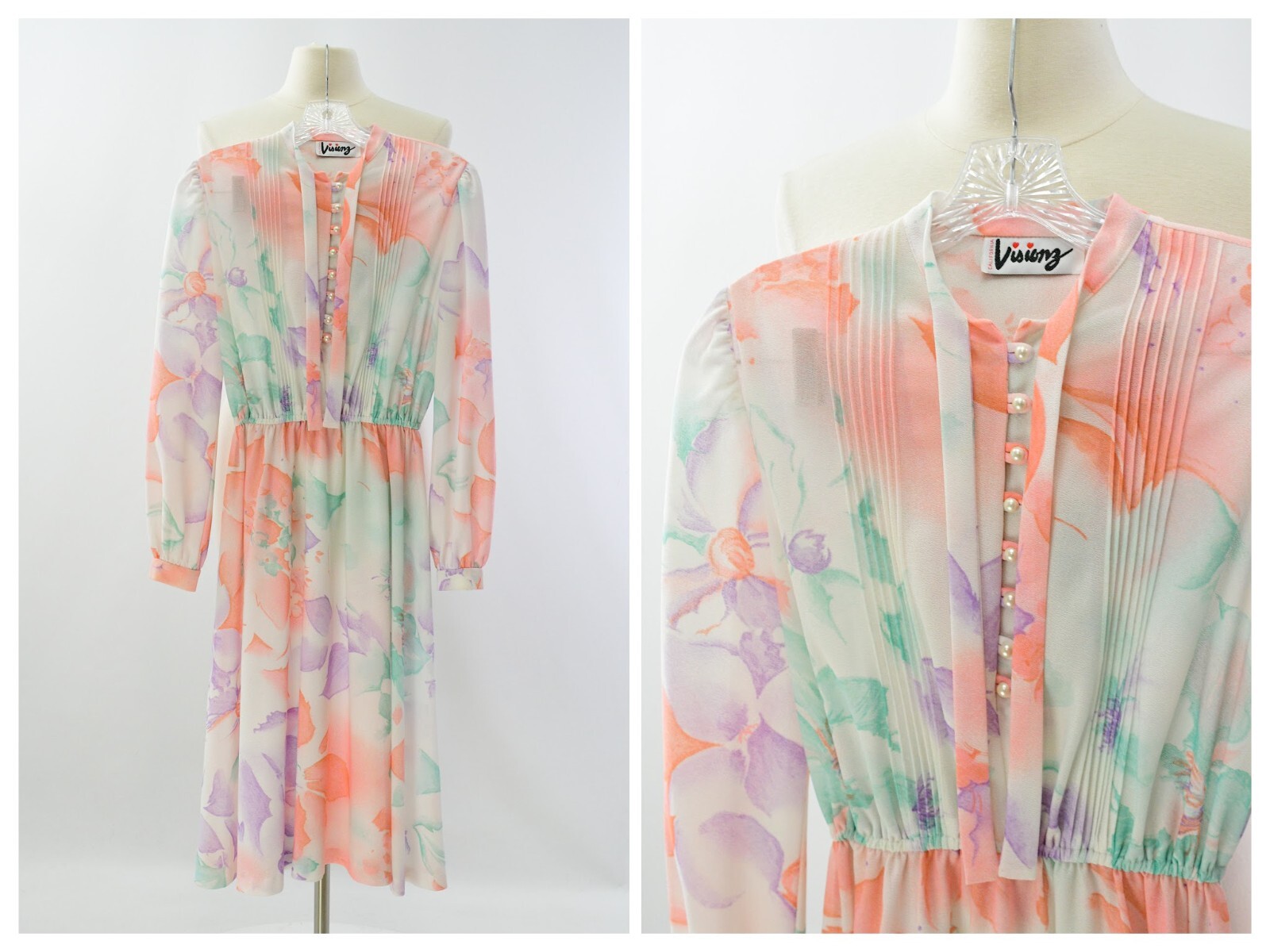 70s Vintage Sheer Floral Print Tie Neck Shirt Dress Womens Summer Dresses Medium