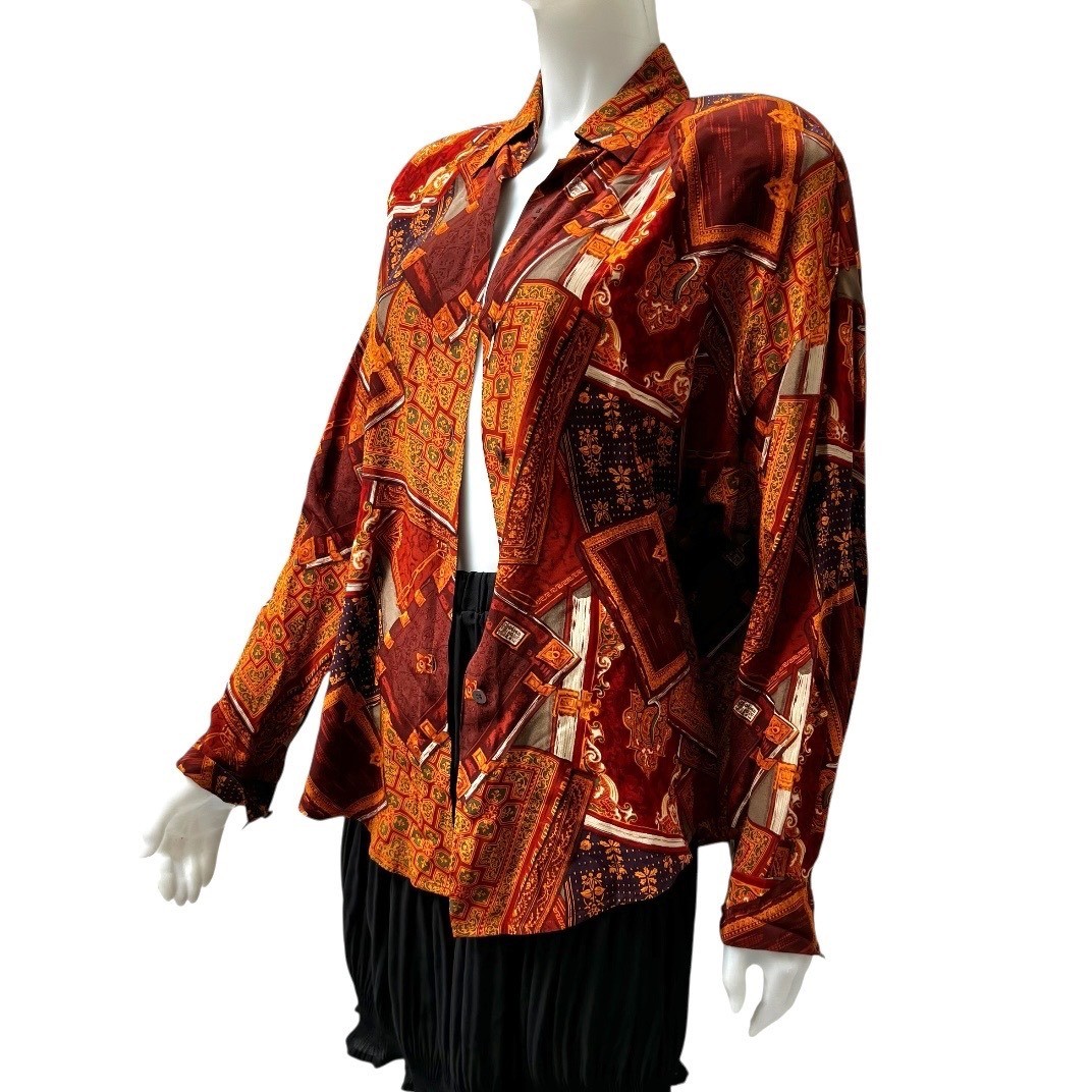 VTG Linda Allard Ellen Tracy Silk Blouse Scarf Print Office Siren 90’s 12 Tall
