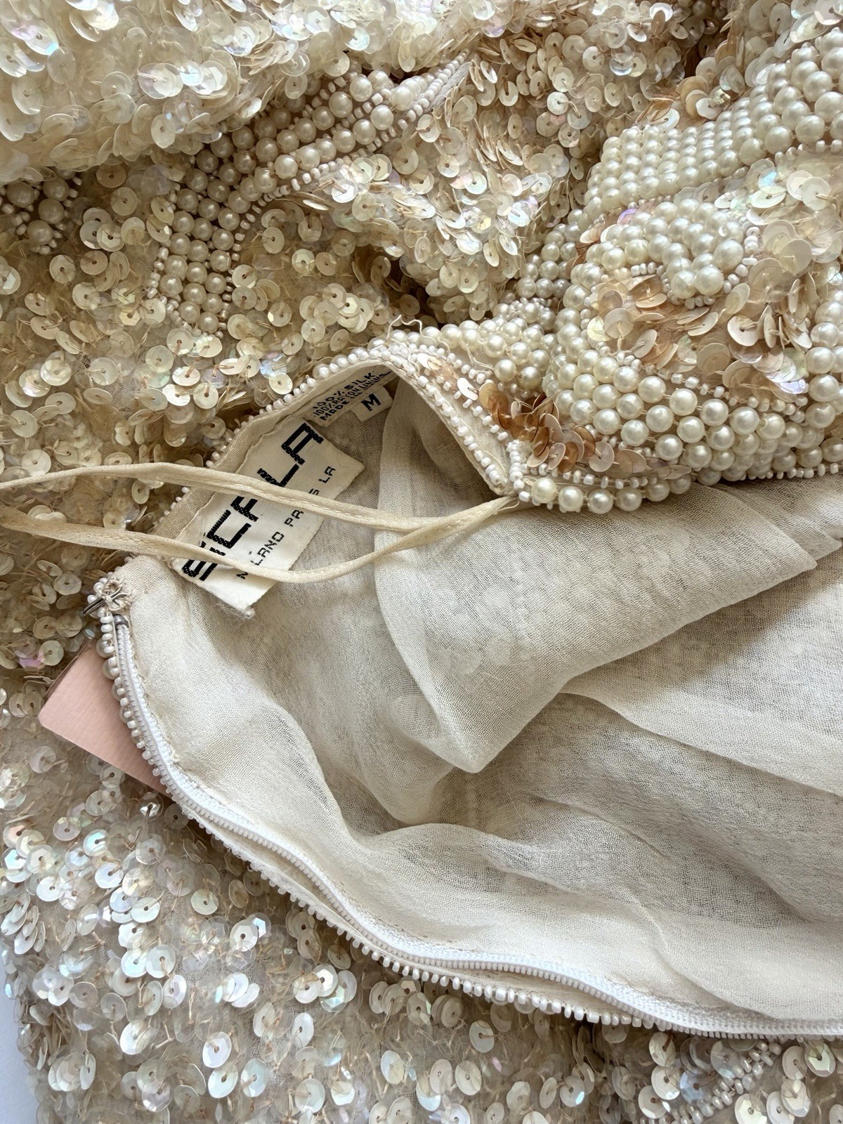 Vintage Laurence Kazar Paris II Nude Gold Sequin Pearl Beaded Cocktail Dress M
