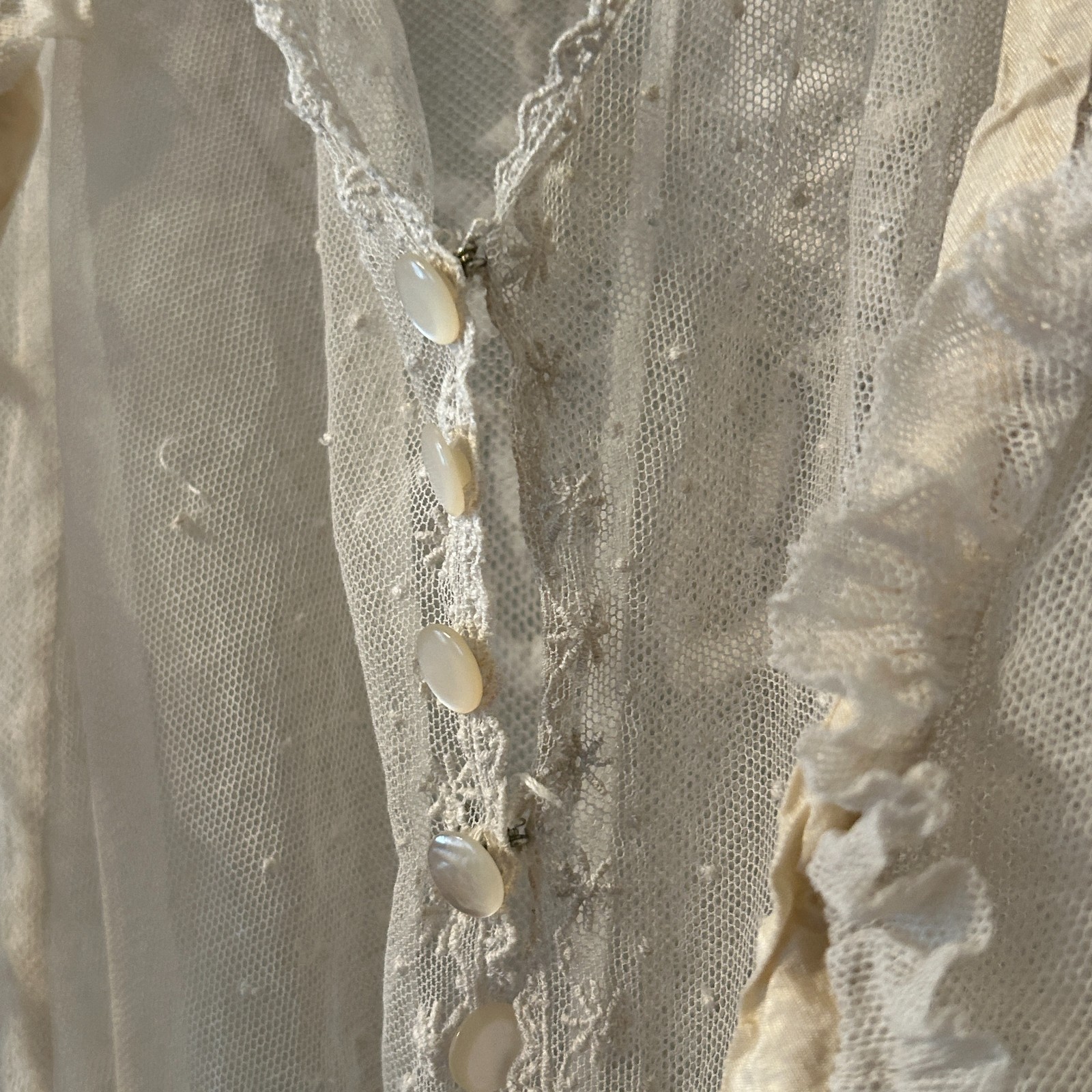 Antique Edwardian Sheer White Ruffle Floral Net Lace Gown Lawn Dress Bridal