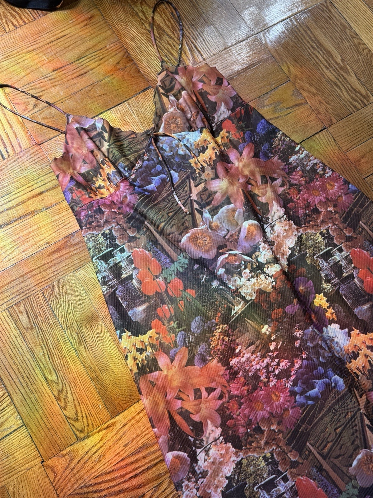 Vintage 70s Photo Print Polyester Floral Labyrinth Maxi A Line Dress Large
