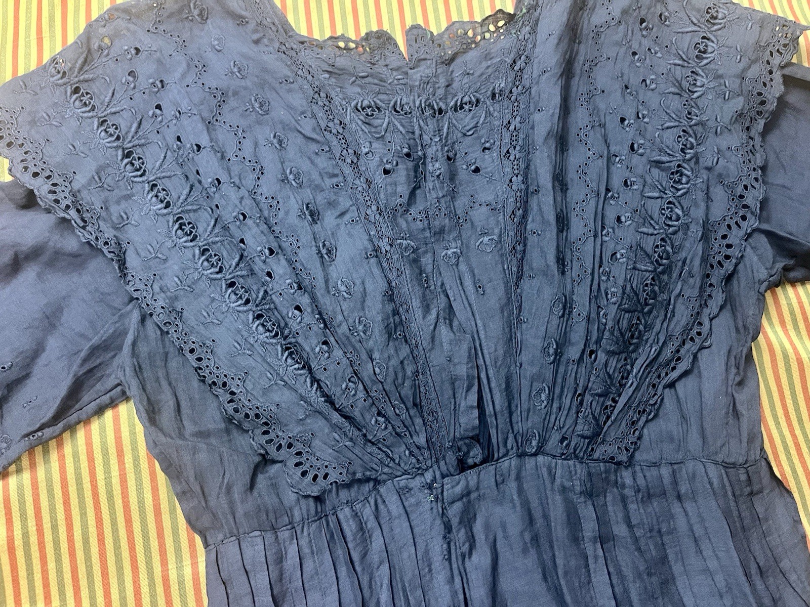 Antique Edwardian Black Cotton Dress Embroidered Eyelet Lace Sz XXS