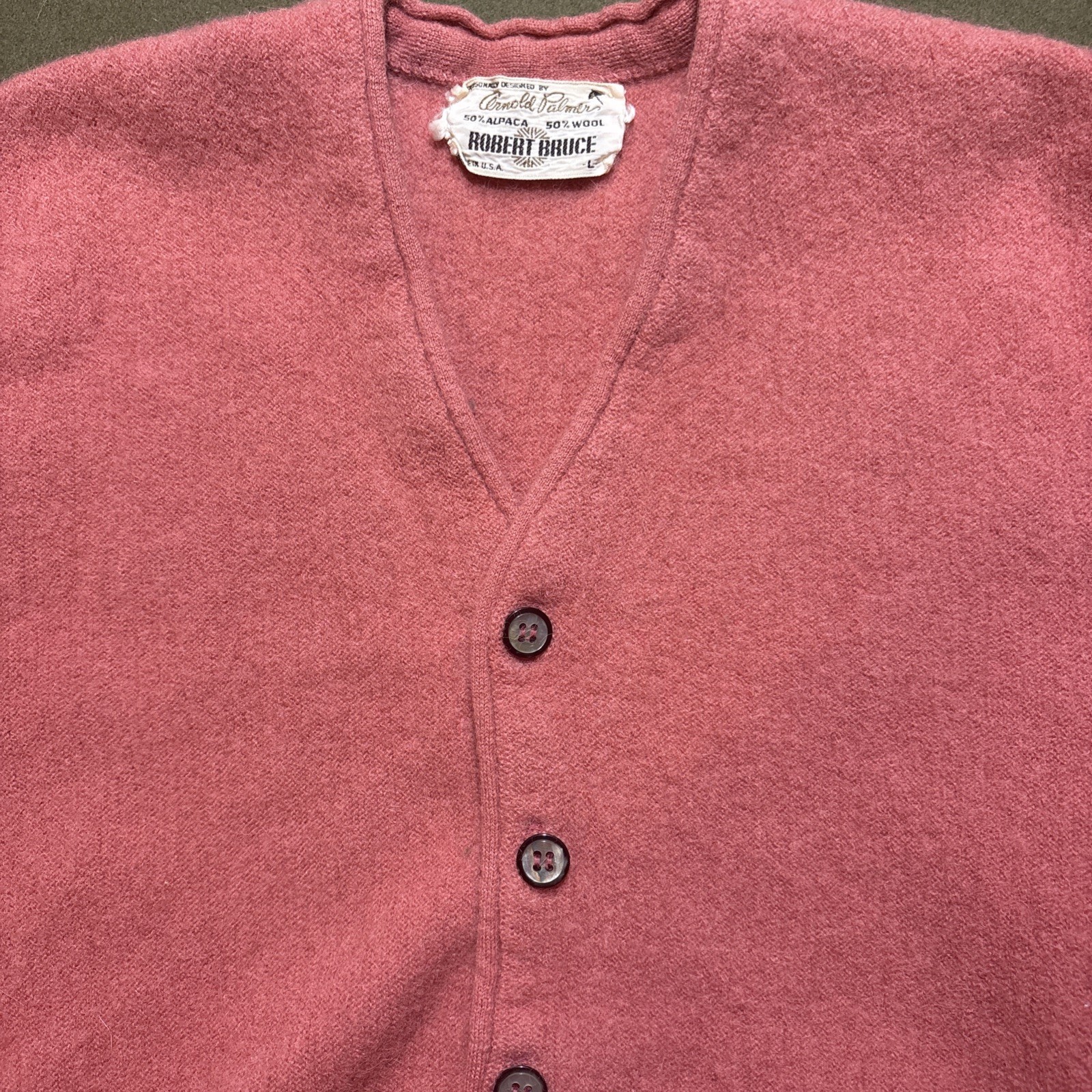 Vtg 60s Robert Bruce Arnold Palmer Cardigan Sweater 50% Alpaca 50% Wool Pink L